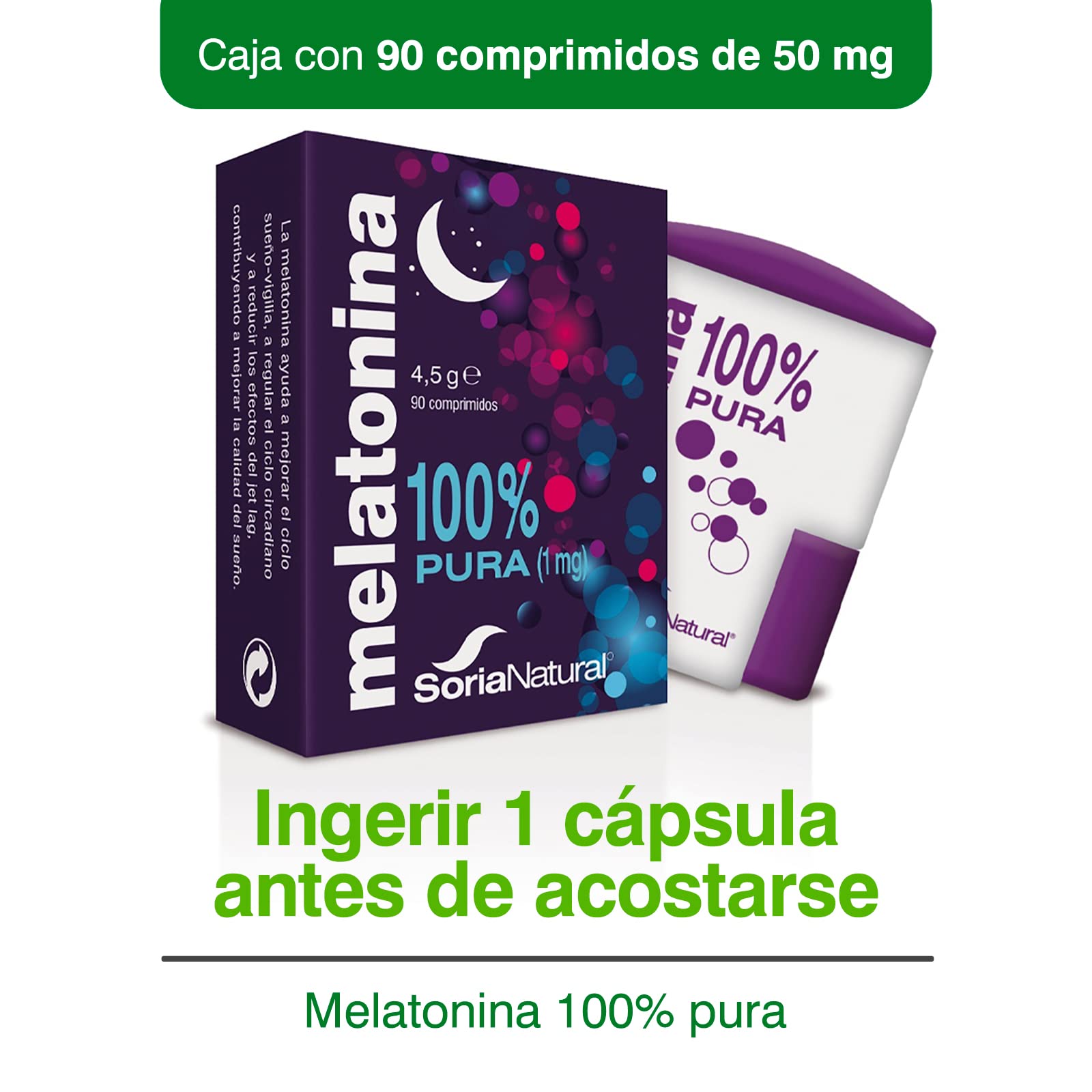 SoriaNatural - Melatonina - Complemento alimenticio - Regulacion del sueño, insomnio - 90 comprimidos - Jet-lag - Antiedad