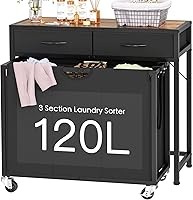 FIONESO Rolling Laundry Hamper Sorter with 3 Pull-Out Bags, 2 Drawers, Wheels & 2-Tone Top Panel - 120L Organizer for Laundry Room, Bathroom