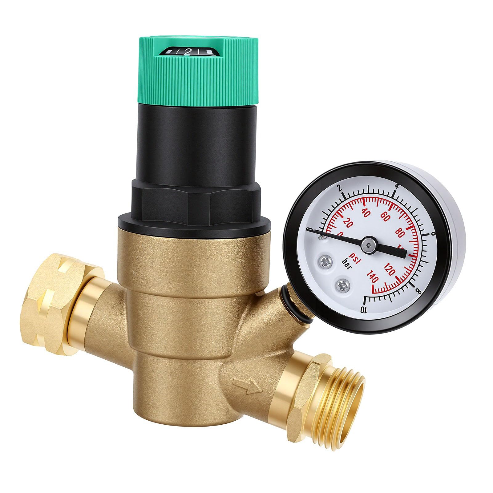 aqxreight Regulator Ciśnienia Wody RV Mosiężny z regulacją, z Manometrem | Mosiężny materiał Spożywczy, Manometr, Filtr Siatkowy, Reduktor Ciśnienia Wody RV, Gwint 3/4 Cala, Pasuje do Węża