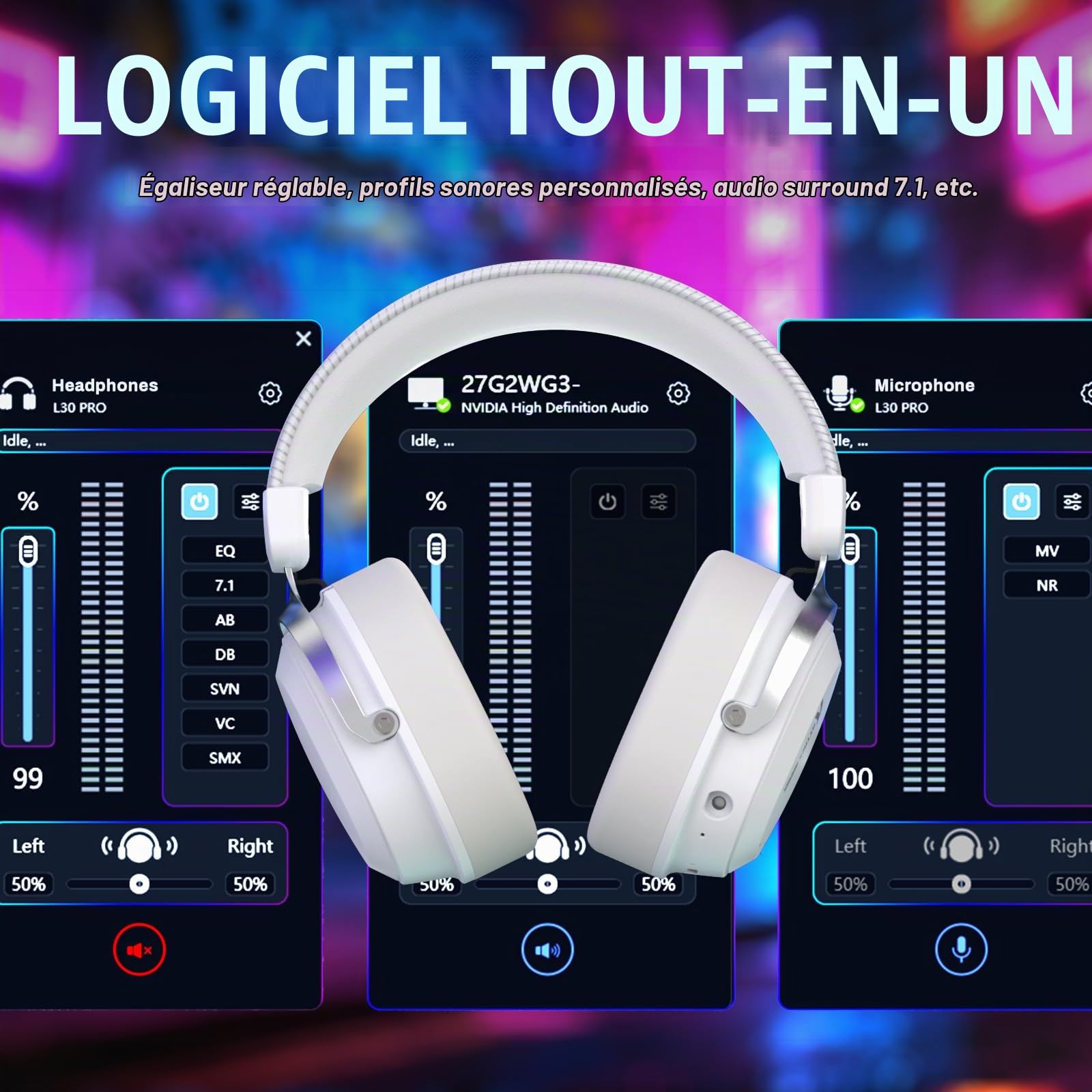 ATTACK SHARK L30PRO Casque Gaming sans Fil, Son Surround 7.1, Modes EQ, Haut Parleurs 50 mm, Connectivité Triple, Batterie 1100 mAh, Over Ear avec Microphone Amovible pour PC - Blanc