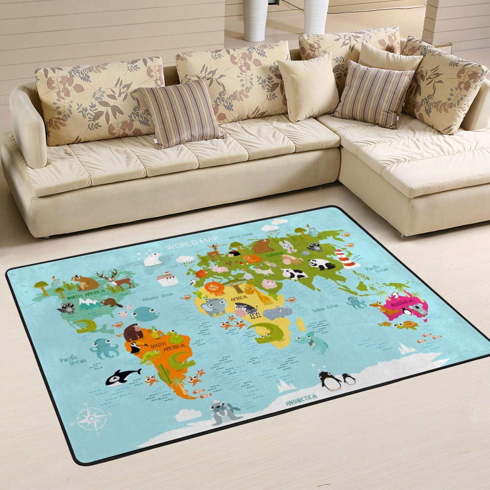 Tapis motif carte du monde animaux idéal pour une chambre d'enfant ou un grand salon