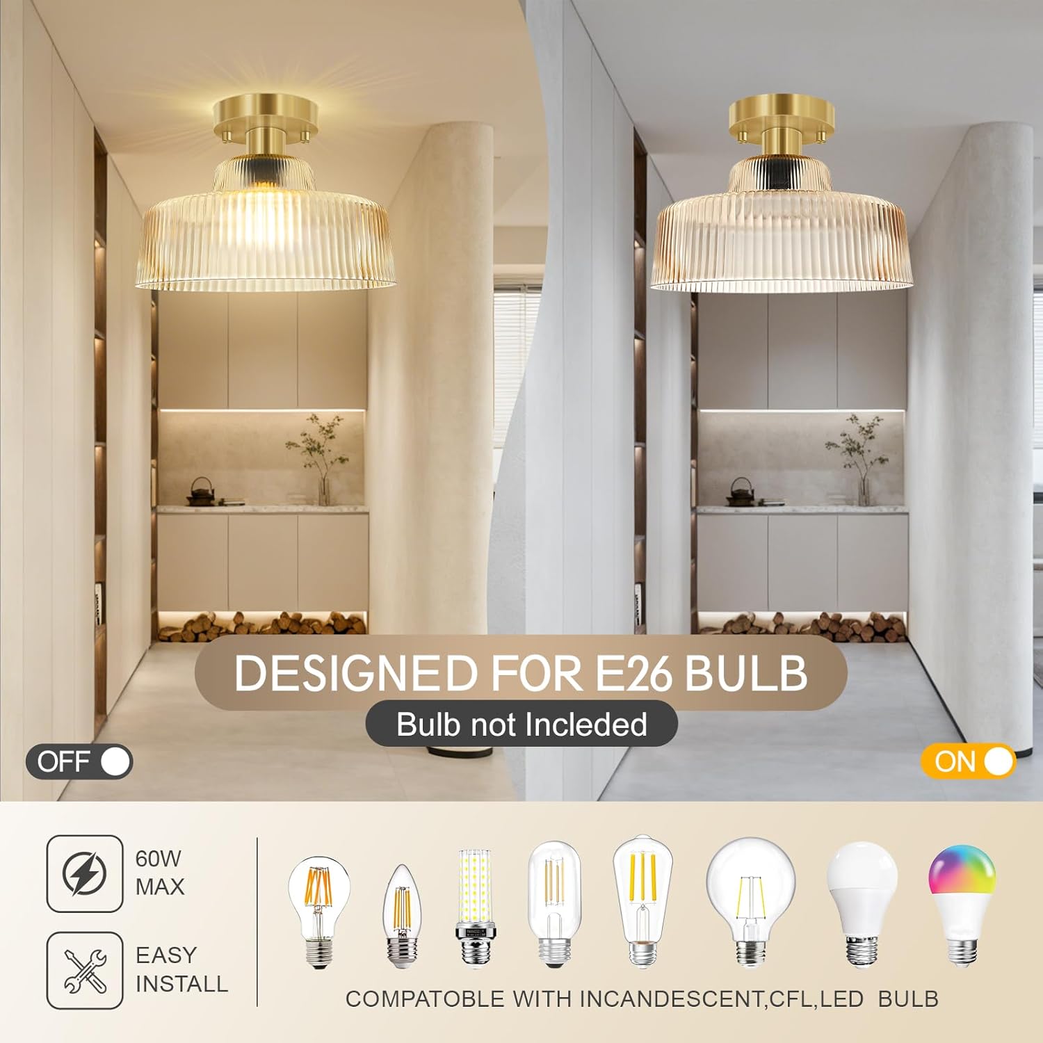 BoostArea Industrial Semi Flush Mount Ceiling Light,Vintage Hanging Ceiling Lamp with Glass Shade, Farmhouse Light Fixture for Porch Hallway Corridor Kitchen Bathroom Bedroom, Bulb Not Included