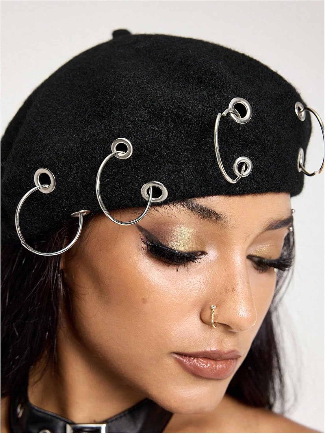 SweatyRocks Women's Gothic Punk French Beret Hats Y2k Metal Ring Fashion Chic Beretta Cap Hat