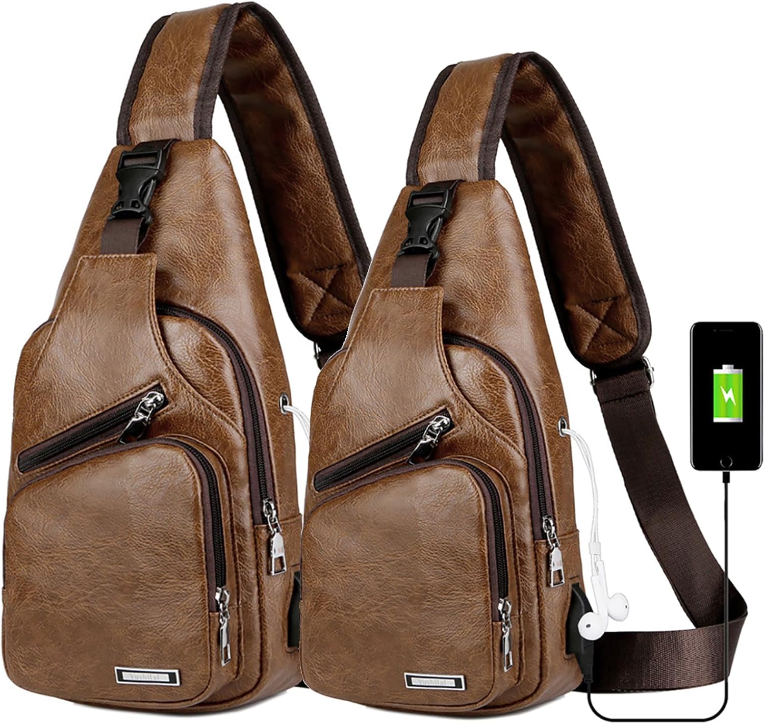 Peicees Pack of 2 Large&Medium Leather Sling Bag Mens Crossbody Bag Chest Bag Sling Backpack for Men with USB Charge Port, Classic Light Brown Large & Classic Light Brown Medium