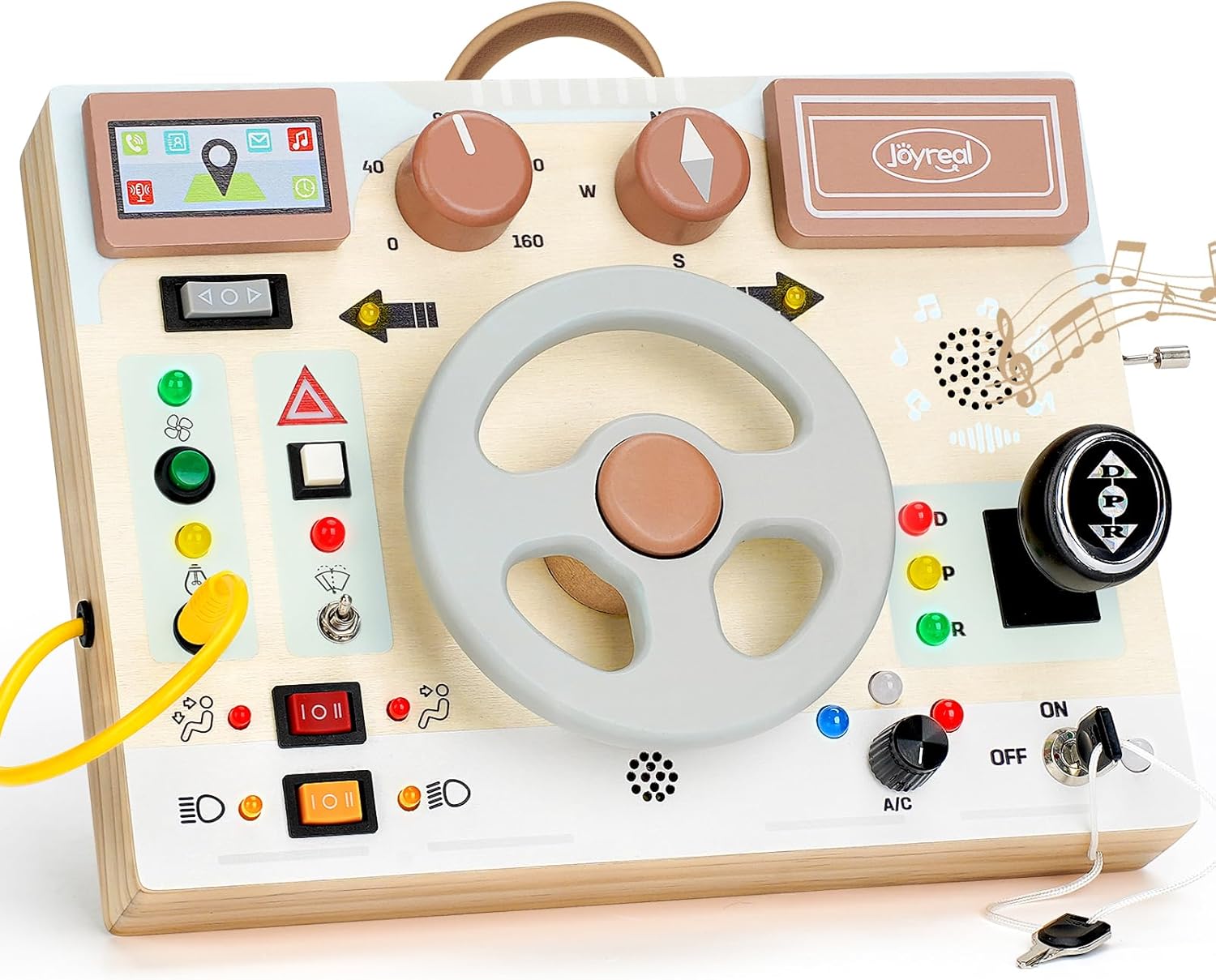 Joyreal Toddler Busy Board with LED Lights, Steering Wheel, Sounds, Montessori Toys for 1+ Year Old, Fidget Board Sensory Travel Toy, Gifts for Boys and Girls