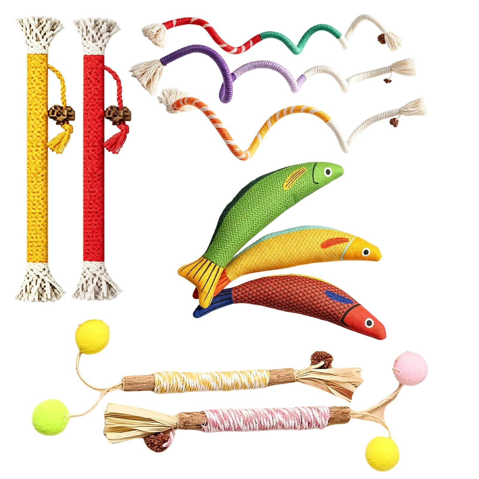 SurPse 10-Piece Cat Chew Toy Bundle, Kitten Teething Toys and Silvervine Chew Sticks for Cats, Includes 60cm and 20cm Interactive Cat Chew Rope and Fish Toys for Indoor Cats