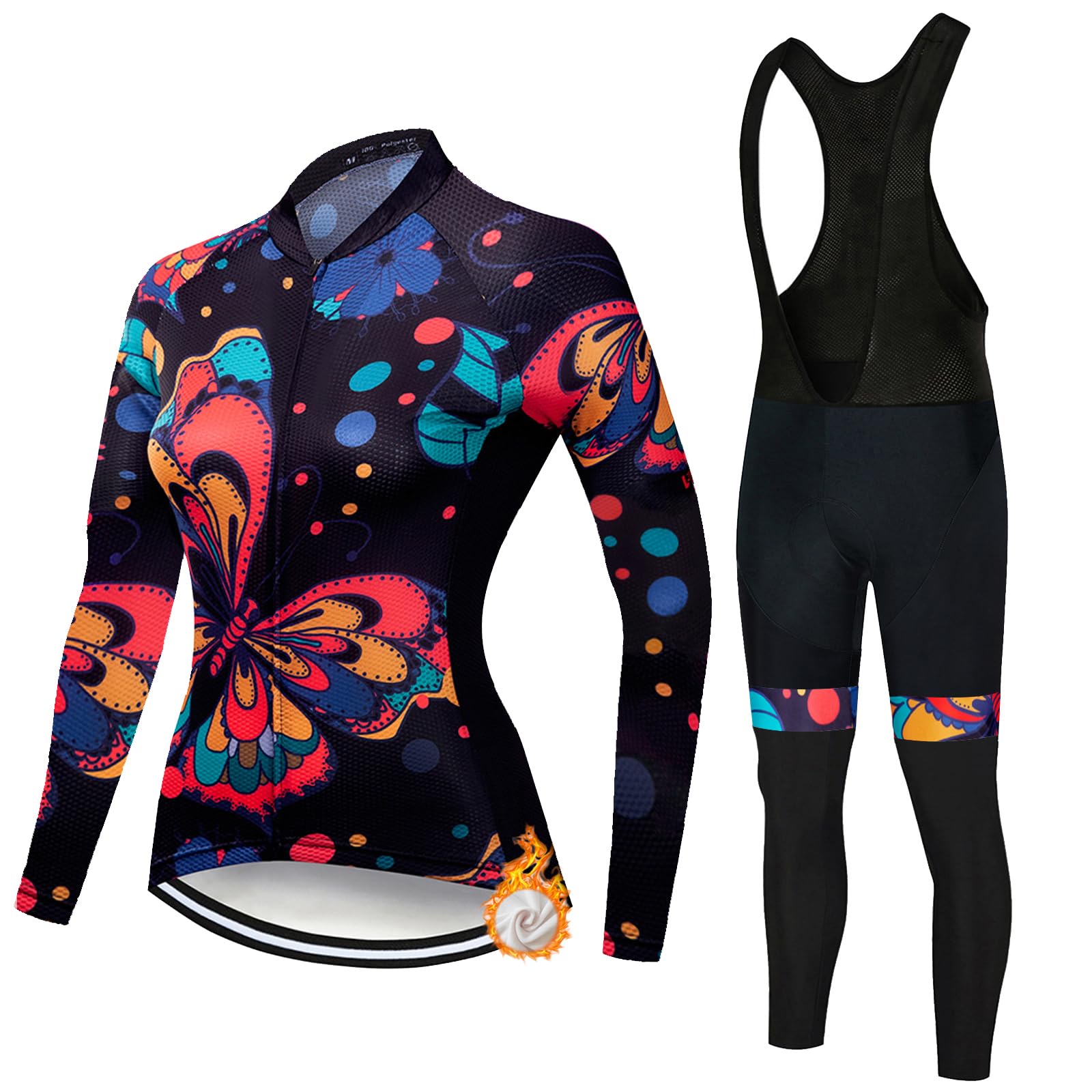 Completo Ciclismo Donna Invernale Abbigliamento Bici MTB Tuta da Ciclista Termico Vello,Maglietta Bicicletta Giacca Manica Lunga e Salopette Pantaloni con 19D Gel Imbottiti,Completi Maglia da Ciclo