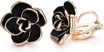 Yoursfs イヤリングクリップ レディース おしゃれ 黒 バラ 花 エナメル 18k ピンクゴールド イヤリング 女性 ピアス プレゼント