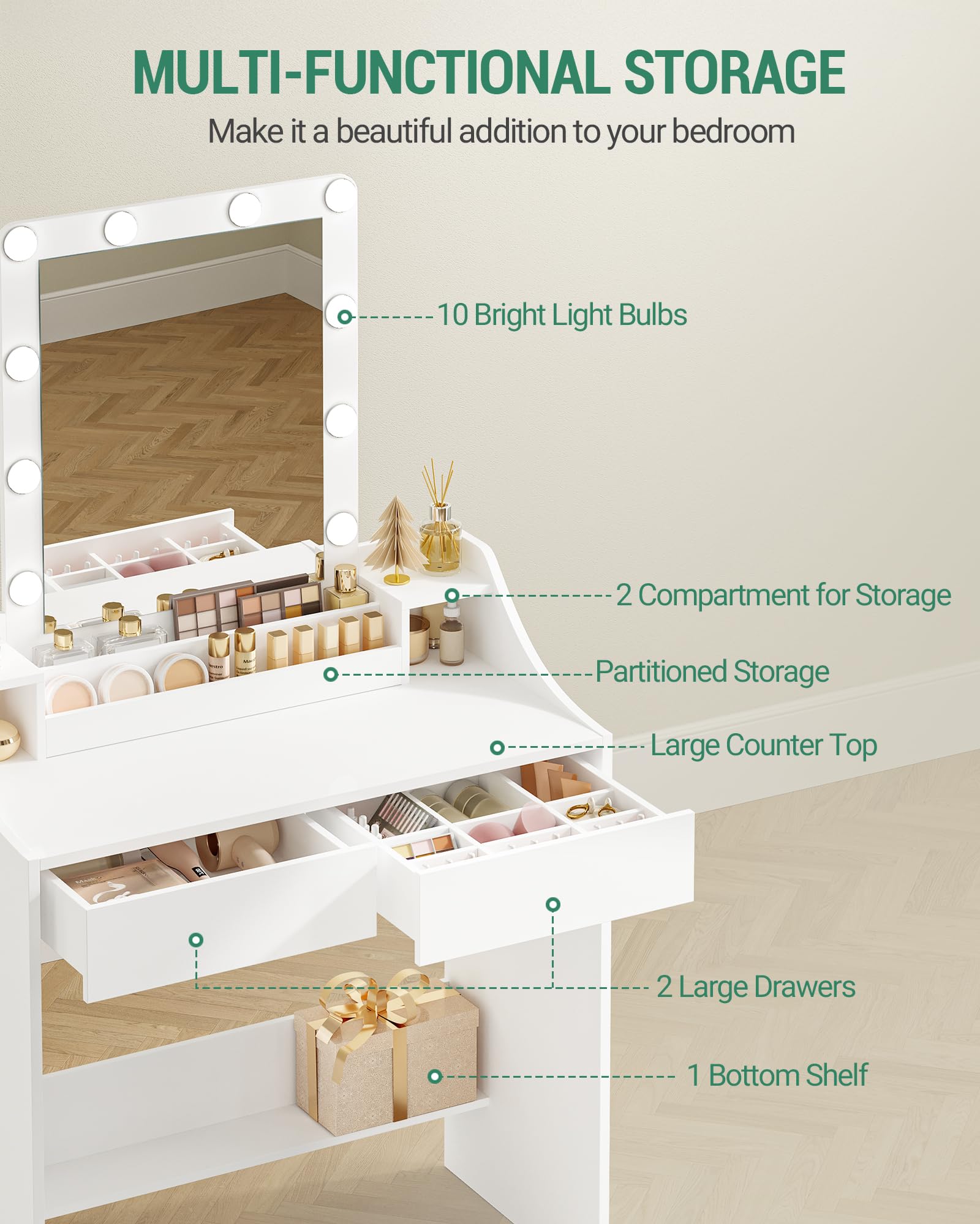 Hzuaneri 80cm Toeletta da Trucco con illuminazione a LED, Luminosità Regolabile, Tavolo da Trucco con Specchio, Toeletta con 2 Cassetti e 2 Scomparti Aperti, Moderno, Bianco DT39503X