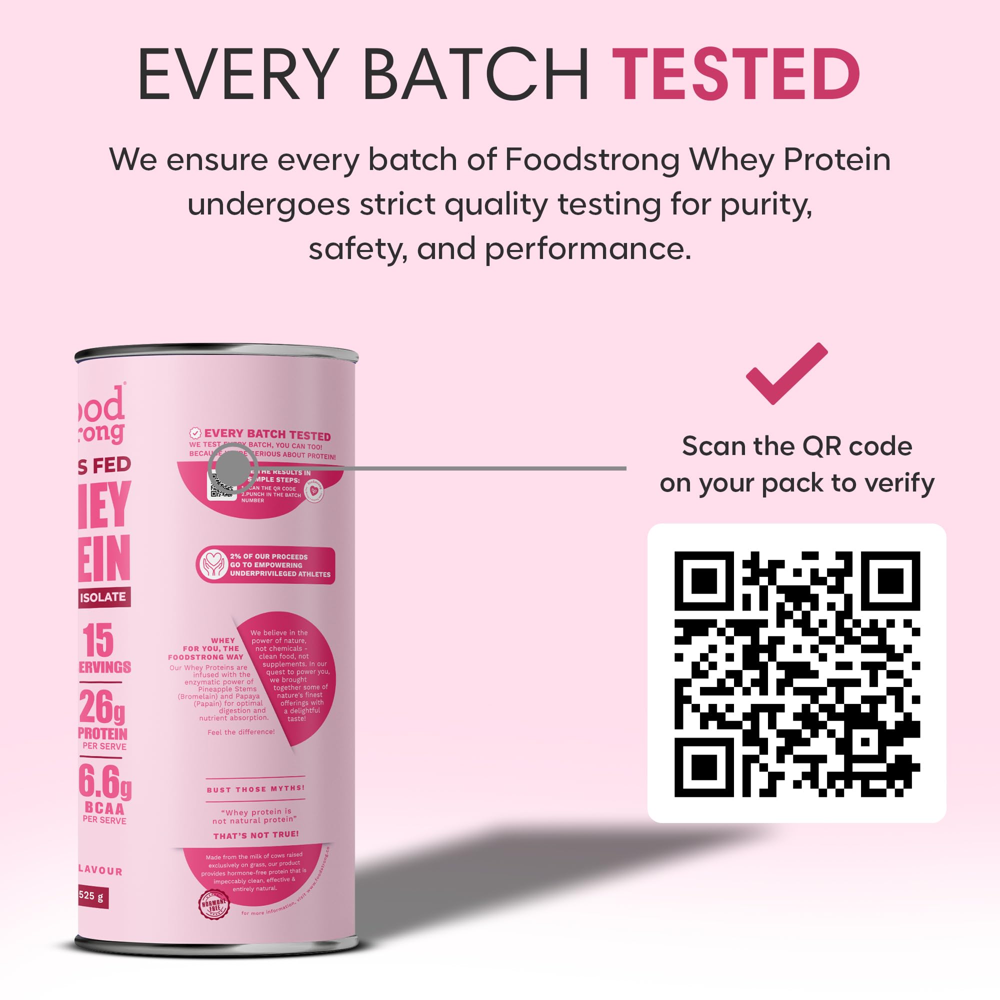Foodstrong Whey Protein Powder (Concentrate + Isolate), 100% Hormone Free Grass-Fed Whey, 26G Protein & 6.6G BCAA, Strawberry, With Turmeric & Digestive Enzymes, (15 Sachets), 525G 3