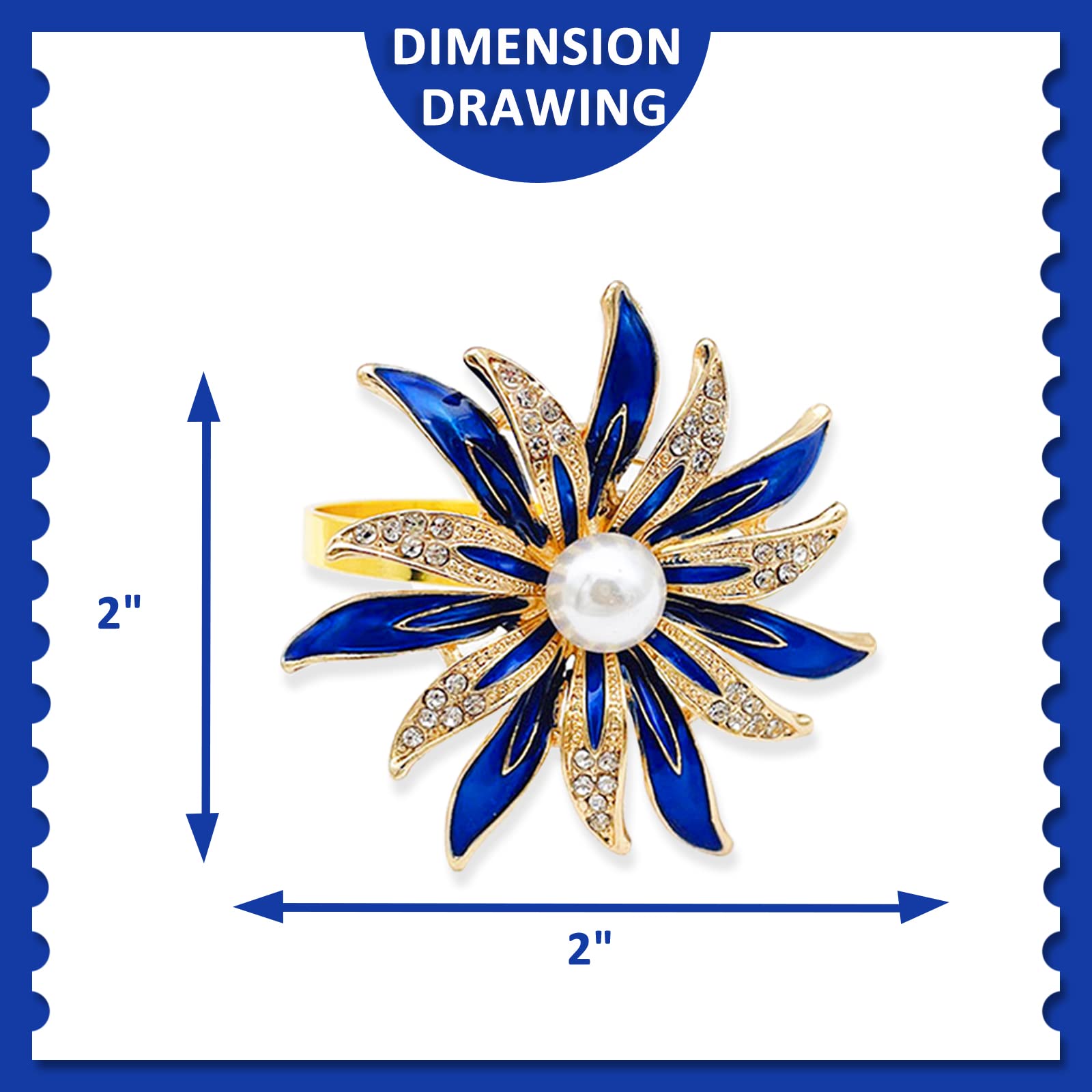 Napkin Rings Set of 6, Blue Rhinestone Flowers Napkin Rings Table Decorations for Dining Room, Napkin Button for Party, Weddings, Anniversaries, Easter Decoration