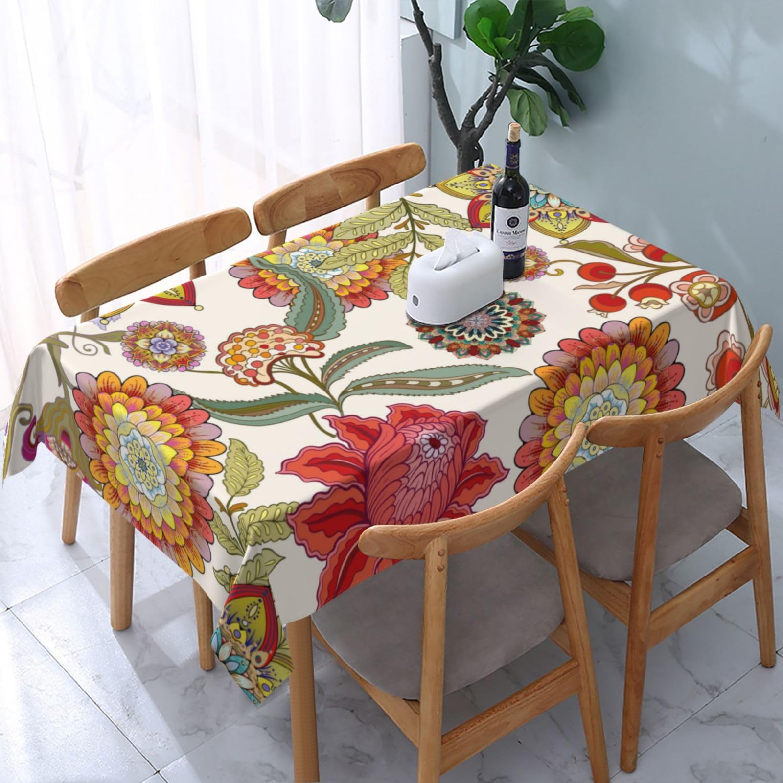 HLBSDM Rectangle 54"x72" Boho Floral Tablecloth Flower Colorful Decorative