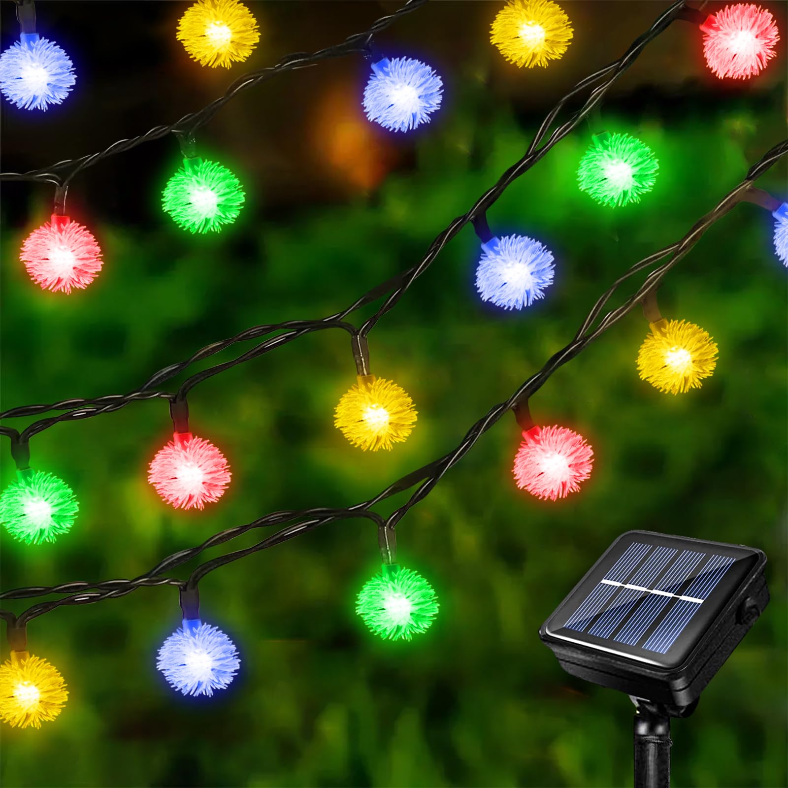 Guirnalda de Luces de Navidad Solar 12 M 100 LED en Forma de Bola de Pelusa, Cadena de Luces Diente de León Exterior Impermeable para Árbol, Patio y Jardín