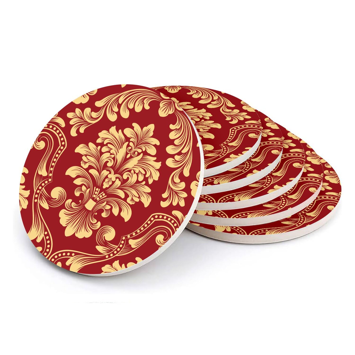 Sous-verre ronds en céramique damas rouge chic lot de 6 pour table