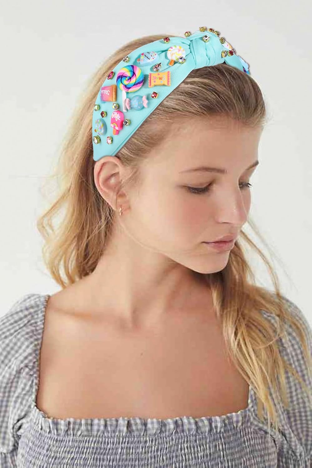 Knotted Headband for Women Lollipop Candy Charms Crystal Jeweled Embellished Top Knot Hairband Statement Wide Turban Hair Hoop Funny Gifts for Birthday Xmas Holiday Party - Image 6