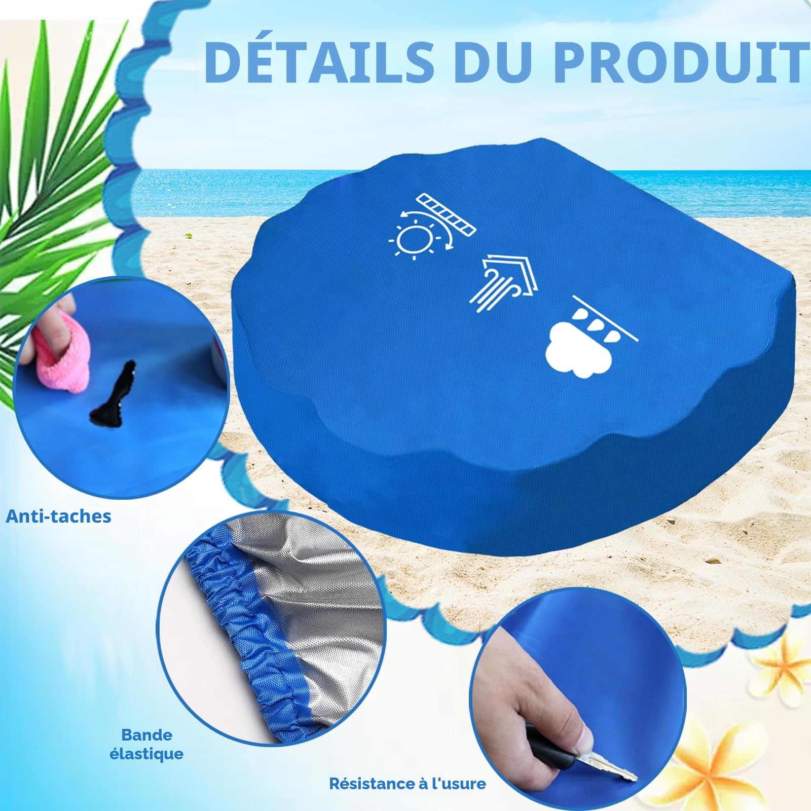 LUKIUP Bâche de protection ronde pour bac à sable, 100 x 100 cm, étanche, bleue, avec cordon de serrage, bande élastique et sac de rangement pour sable et coquillages d'eau