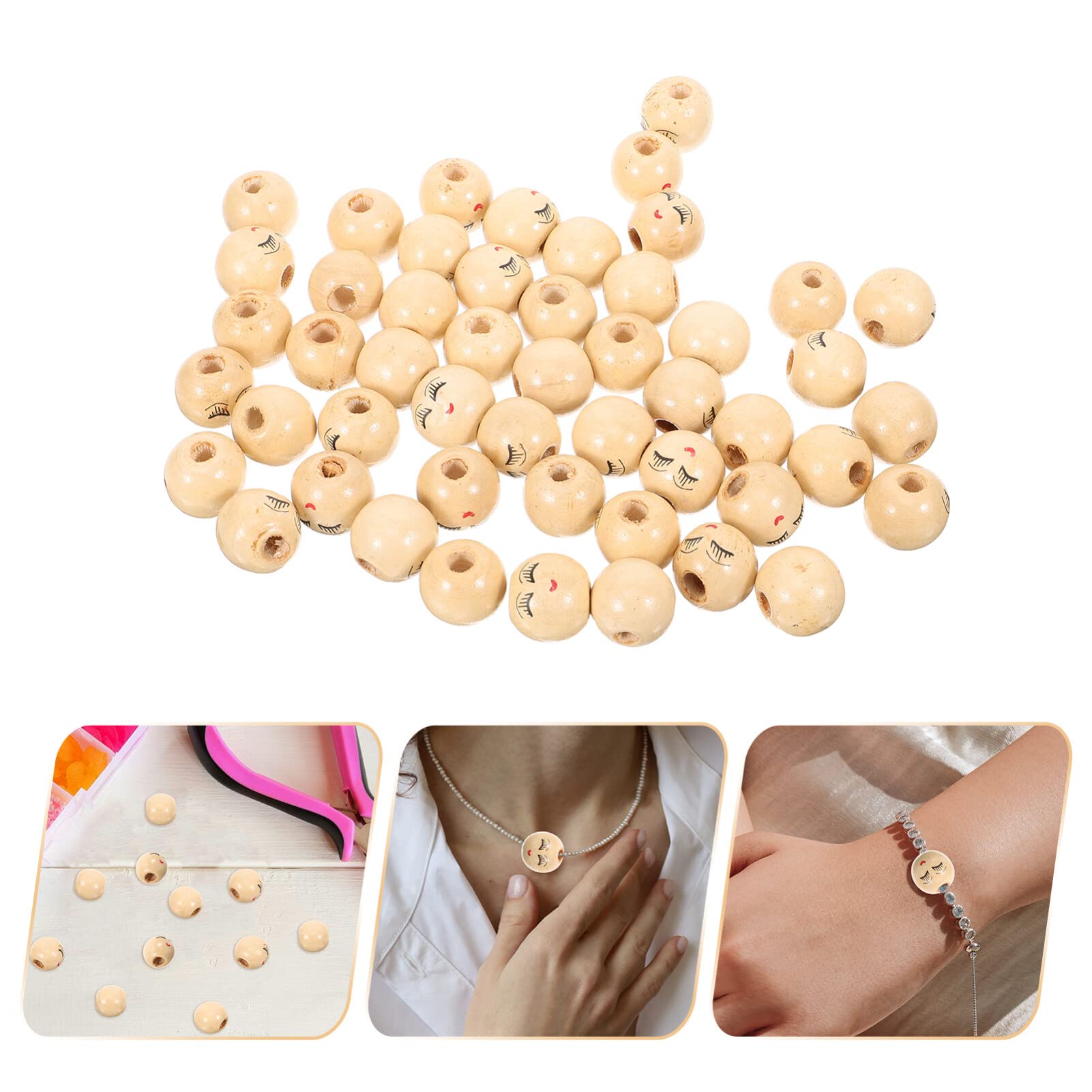 FOMIYES Lächelnde Holzperlen, 50 Stück à 14 Mm - Runde Gesichtsperlen Mit Loch Für Schmuck, Armbänder & DIY-Basteleien