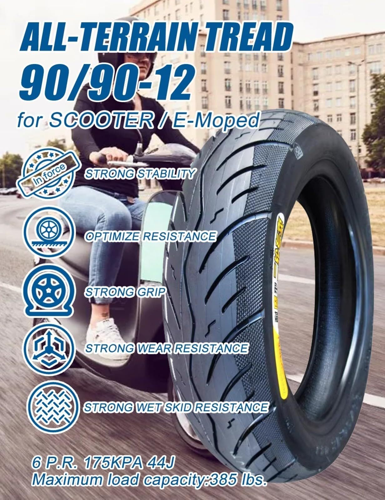 90/90-12 Opona Bezdętkowa do Skutera, 66J, Przednia Obręcz Motocykla/Motoroweru 12, 175 kPa, Maksymalne Obciążenie 385 Funtów, 90 90 12 Odporna na Zużycie Opona