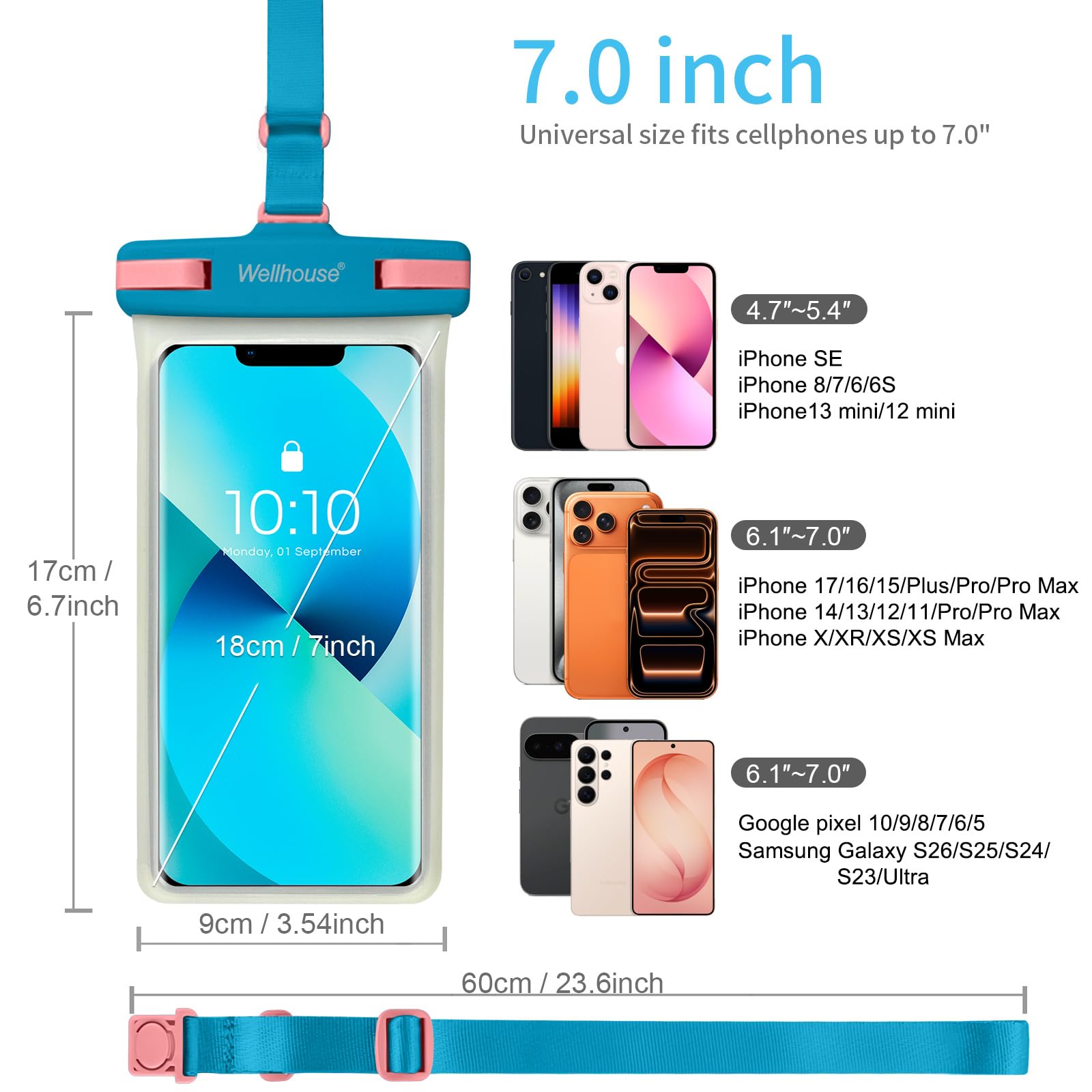 Funda impermeable móvil universal con cuerda teléfono celular ip8x buceo playa al aire libre flotante bajo el agua hasta 7.0 "funda acuatica movil 3d hd tpu tocar funda movil agua (Azul luminoso)