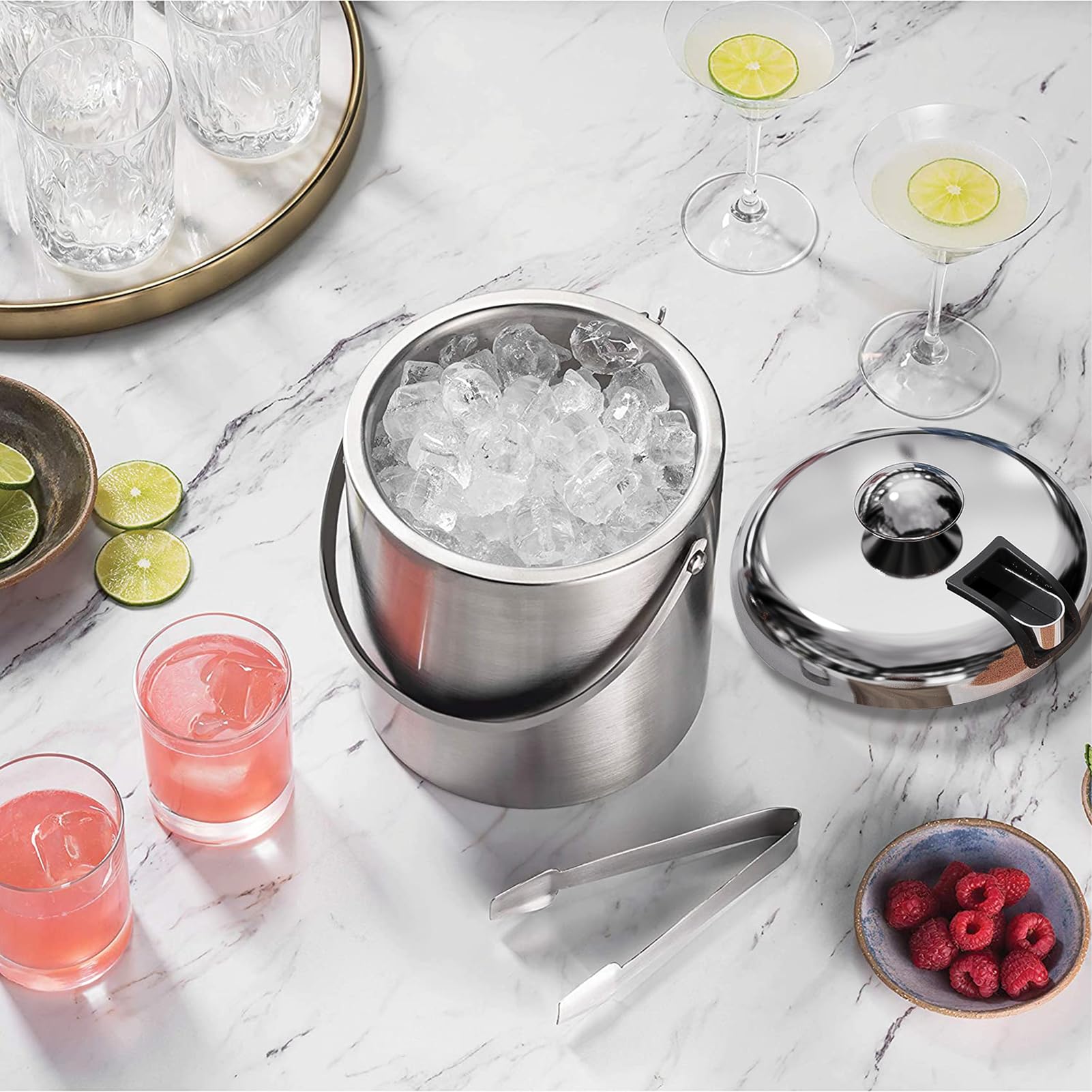 Ice Buckets with Lid and Tongs Stainless Steel Double Walled Bar Ice Bucket Container, Large Insulated Ice Cube Bucket Thick Ice Pail with Carry Handle for Parties, Cocktail, Bottle