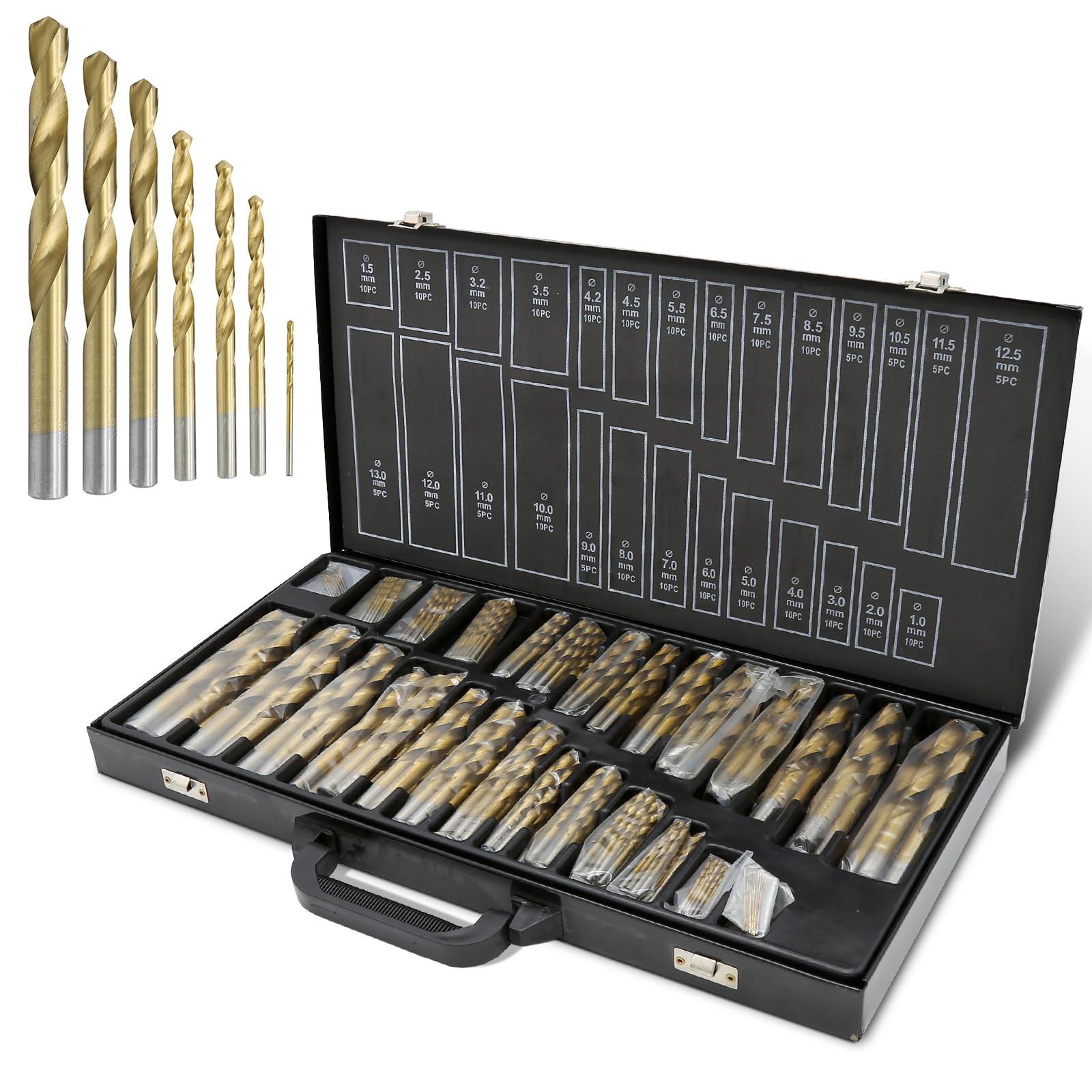 Surtido de brocas de metal de 230 piezas, juego de brocas espirales de 1 a 13 mm, revestimiento de titanio, juego de brocas profesionales