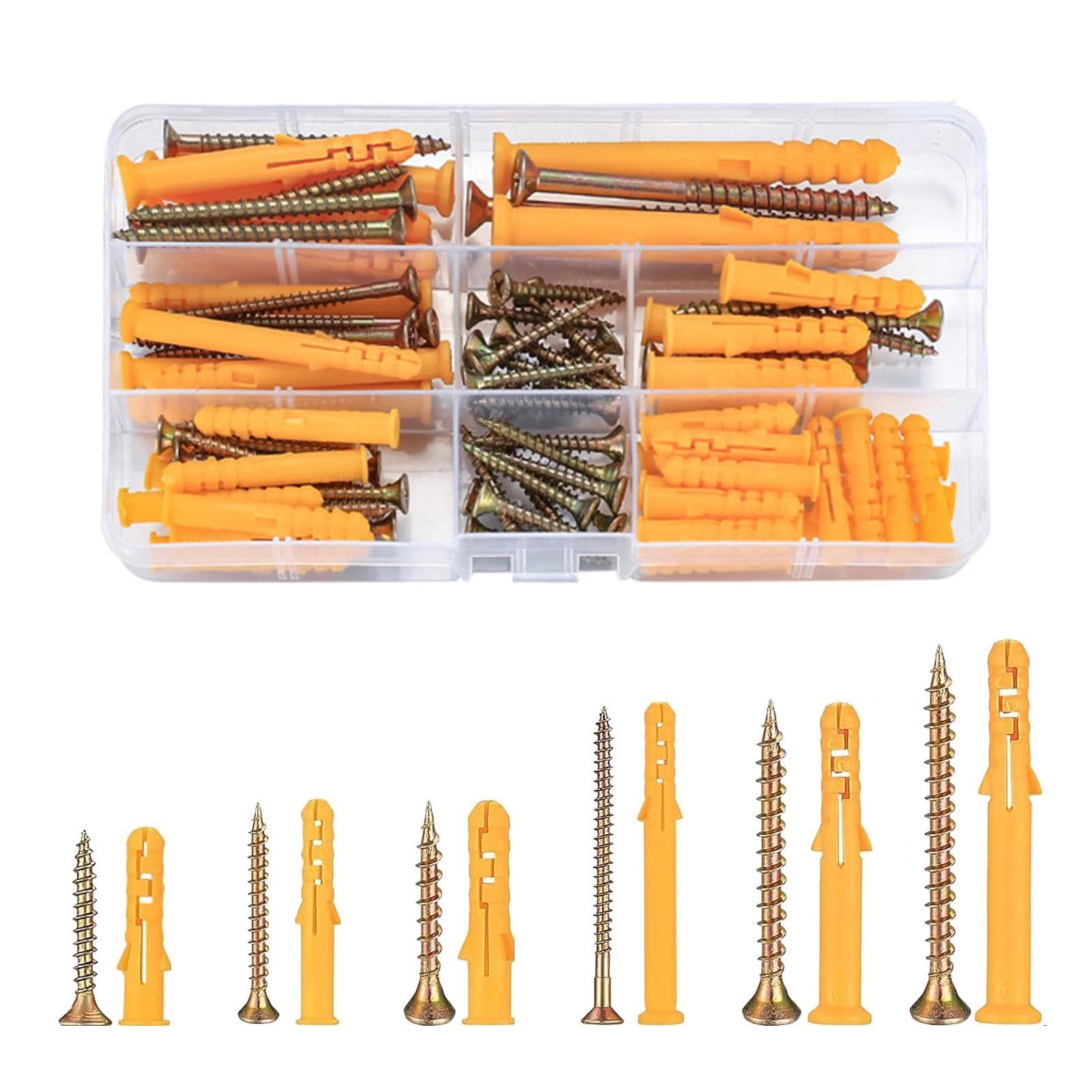 88 Pcs Wall Plugs And Screws, Plastic Expansion Pipe Anchor Bolts (M6/M8/M10) Assorted Set for Brick, Concrete, Masonry, 44 Self Tapping & 44 Expansion Plug Anchor Bolts Box