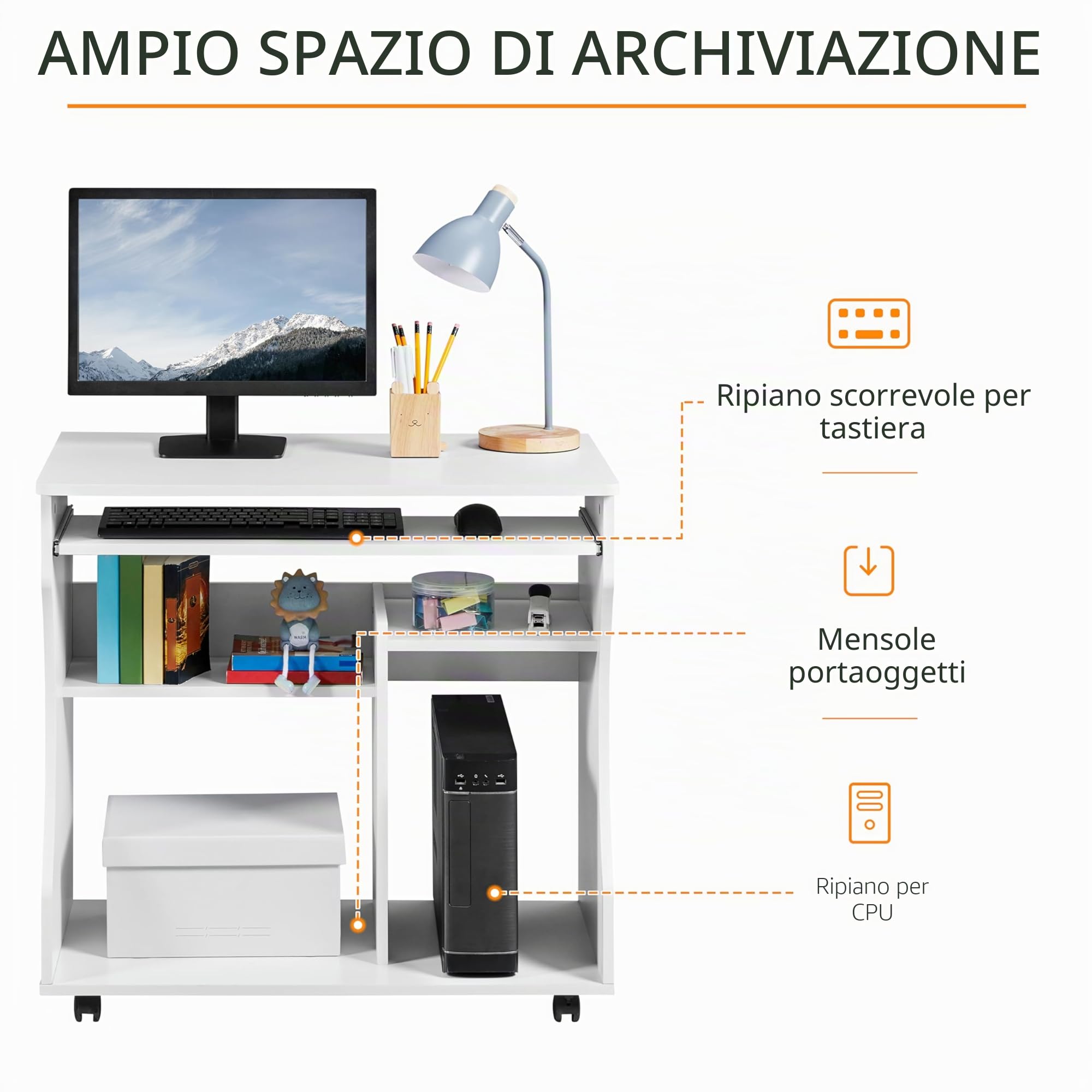 Yaheetech Scrivania per PC Tavolo da Studio Scrittoio Compatto Mobile Porta PC con Tastiera Estraibile Studio Mobiletto Ufficio Potra PC con 4 Ruote Bianca