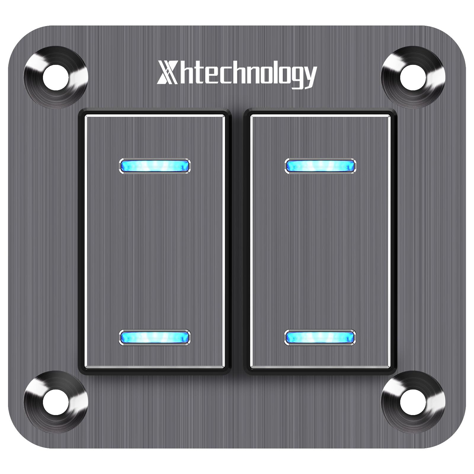 Waterproof Toggle Switch Panel 2 Gang Aluminum Rocker Switch Panel 12V/24V On-Off 3 Pin Switch Panel Blue LED Light Pre-Wired Switch Panel for Marine