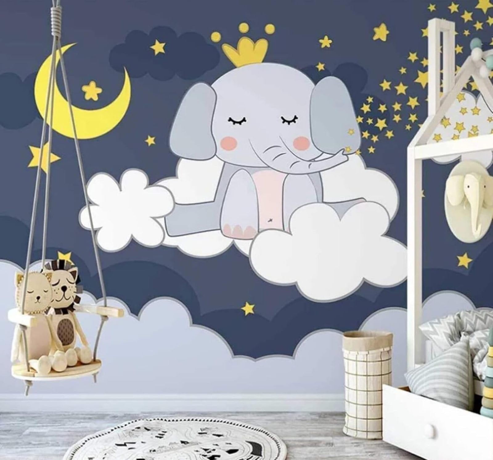 Xlming 200Cm×140Cm(B×H) Hand Drawn Cartoon Baby Elephant Starry Sky Moon 3D Wallpaper Luxury Home Dining Decor Paste Sofa Living Room The Wall For Bedroom Mural-200Cm×140Cm