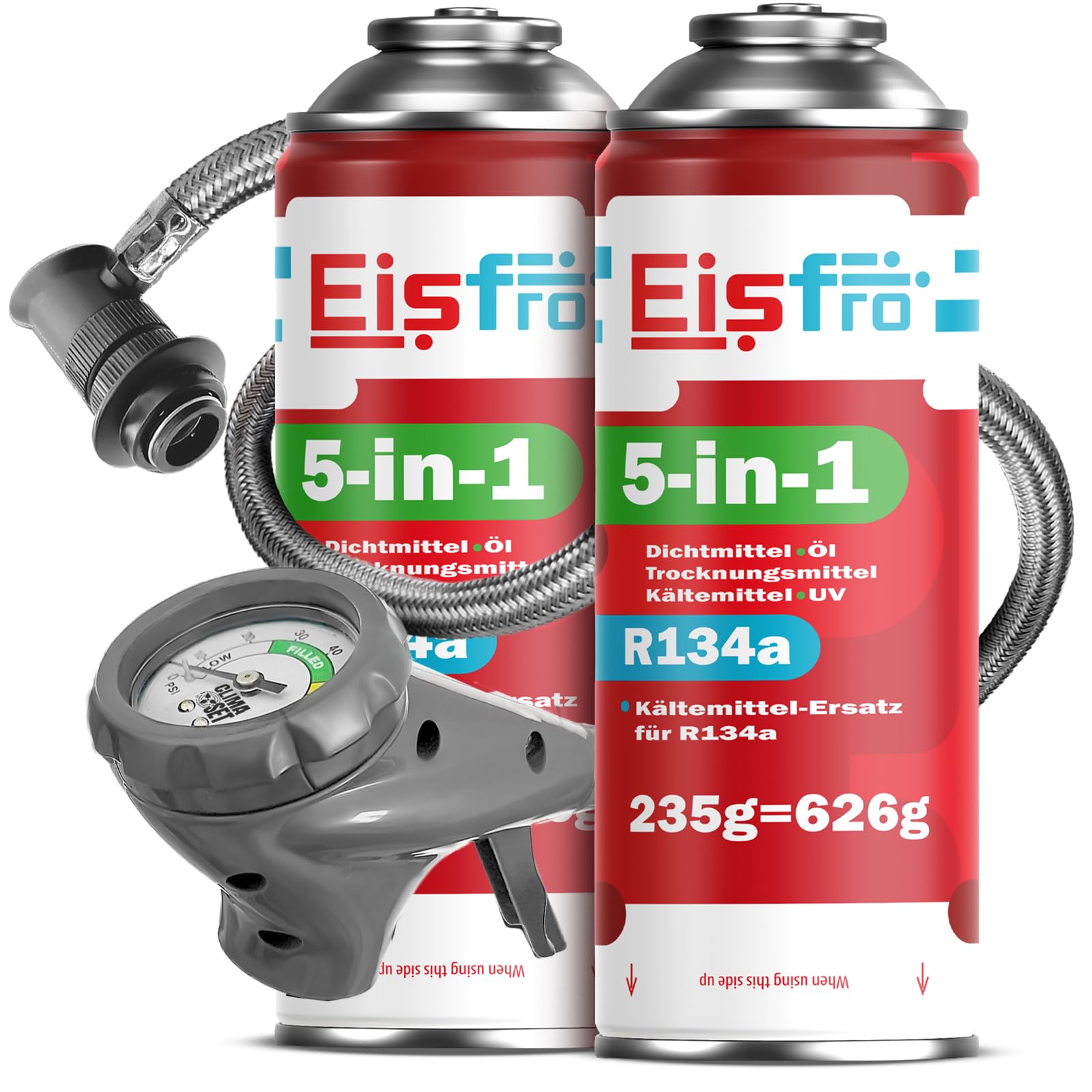 5in1 - Kältemittel R134a + Schlauch, 2X 235 g für Auto Klimaanlage mit Öl, Dichtungsmittel, UV-Farbstoff, Trocknungsmittel - Schützt den Kompressor