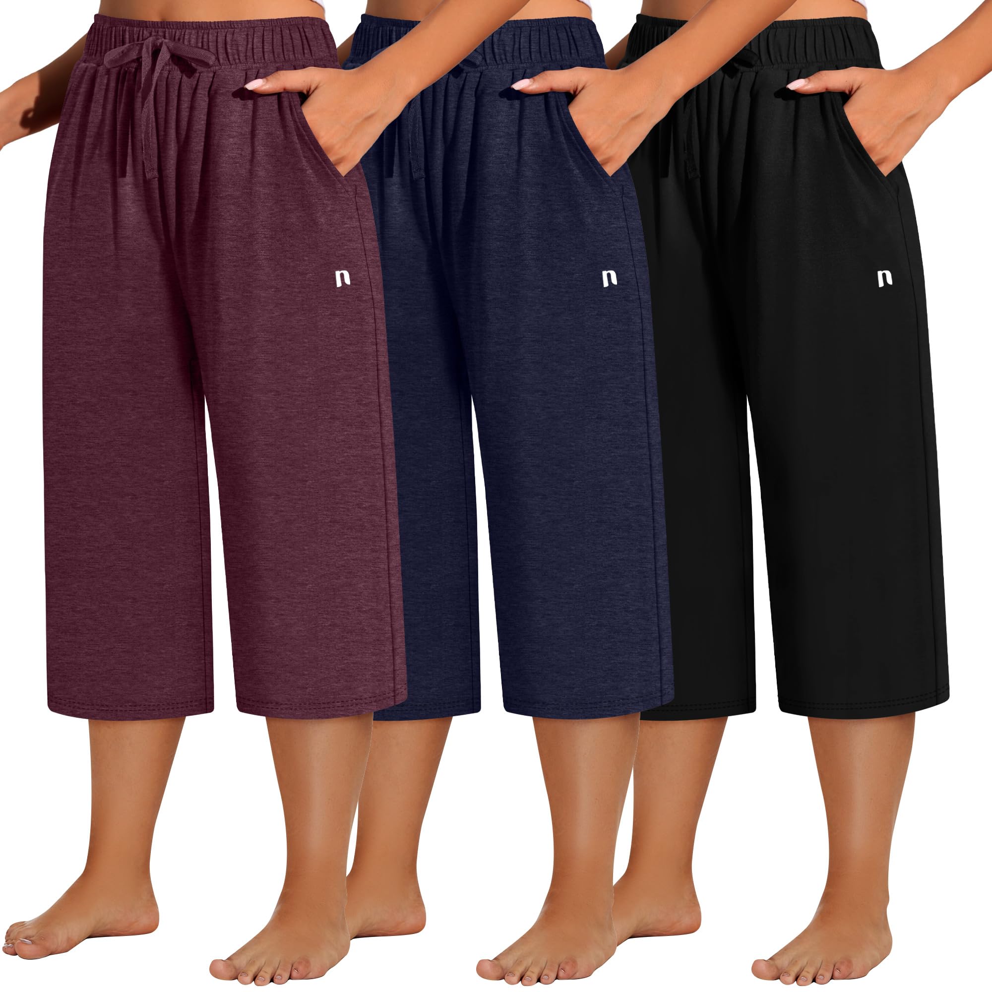 Neer 3 Pack Womens Plus Size Capris Wide Leg Loose Pants Casual Drawstring Capri Sweatpants Drawstring Pants with