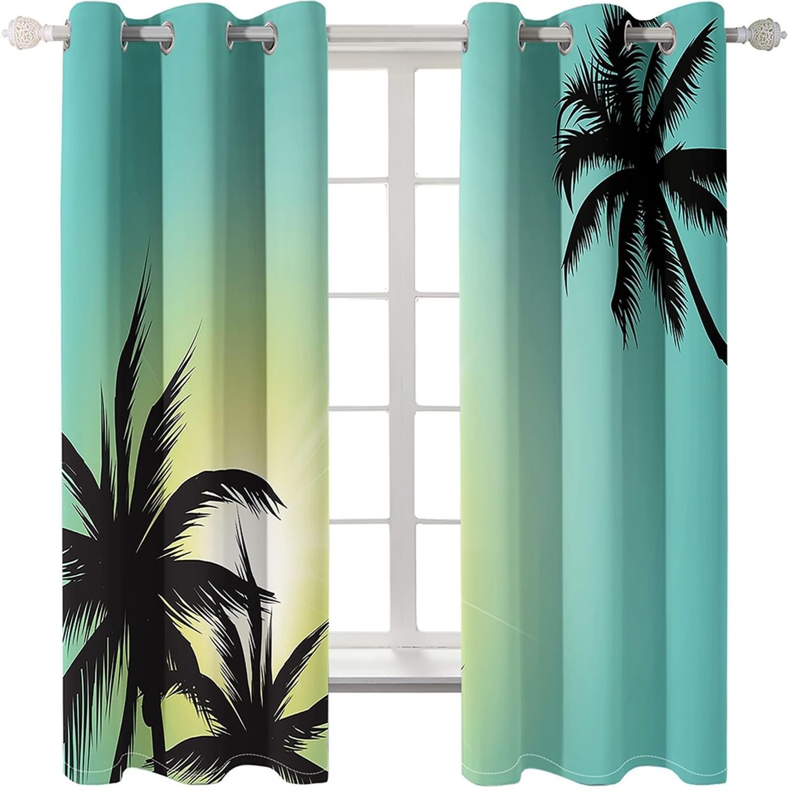 Cortinas para dormitorio, cortina de salón pequeña ventana azul verde paisaje soleado de cocoteros poliéster juego de 2 488 x 274 cm