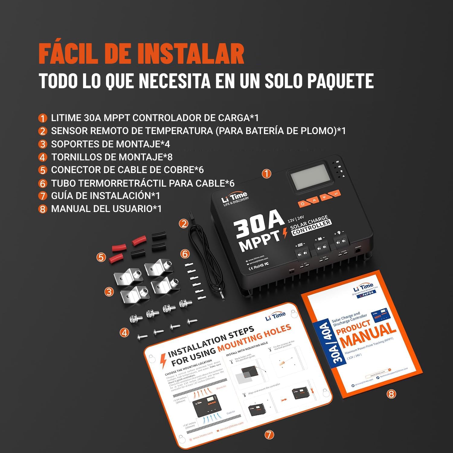 LiTime 30A Regulador Solar Mppt, Controlador de Carga Solar 12V/24V con Adaptador Bluetooth, Pantalla LCD e LED, Regulador de Carga Panel Solar para Baterías Litio Selladas Baterías de Plomo-ácido
