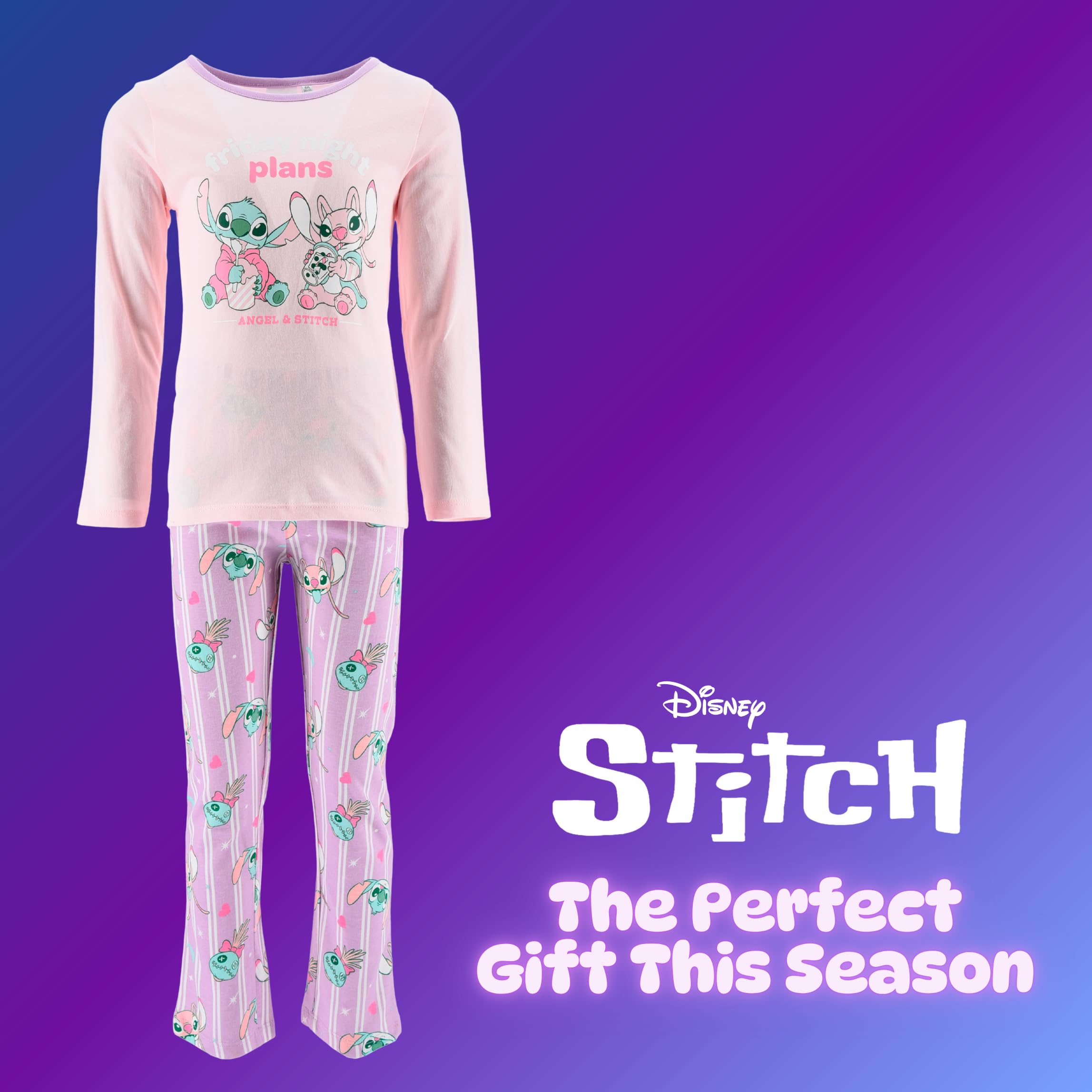 Disney Stitch Pigiama per Ragazze, Maglietta a Maniche Lunghe e Pantaloni 2 Pezzi Pigiama in Cotone, Taglie 3 a 8 Anni