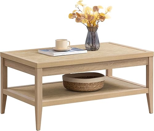 SICOTAS Mesa de centro de ratán para sala de estar, mesa central de comedor rectangular bohemia con estante de almacenamiento de ratán de 2 niveles,