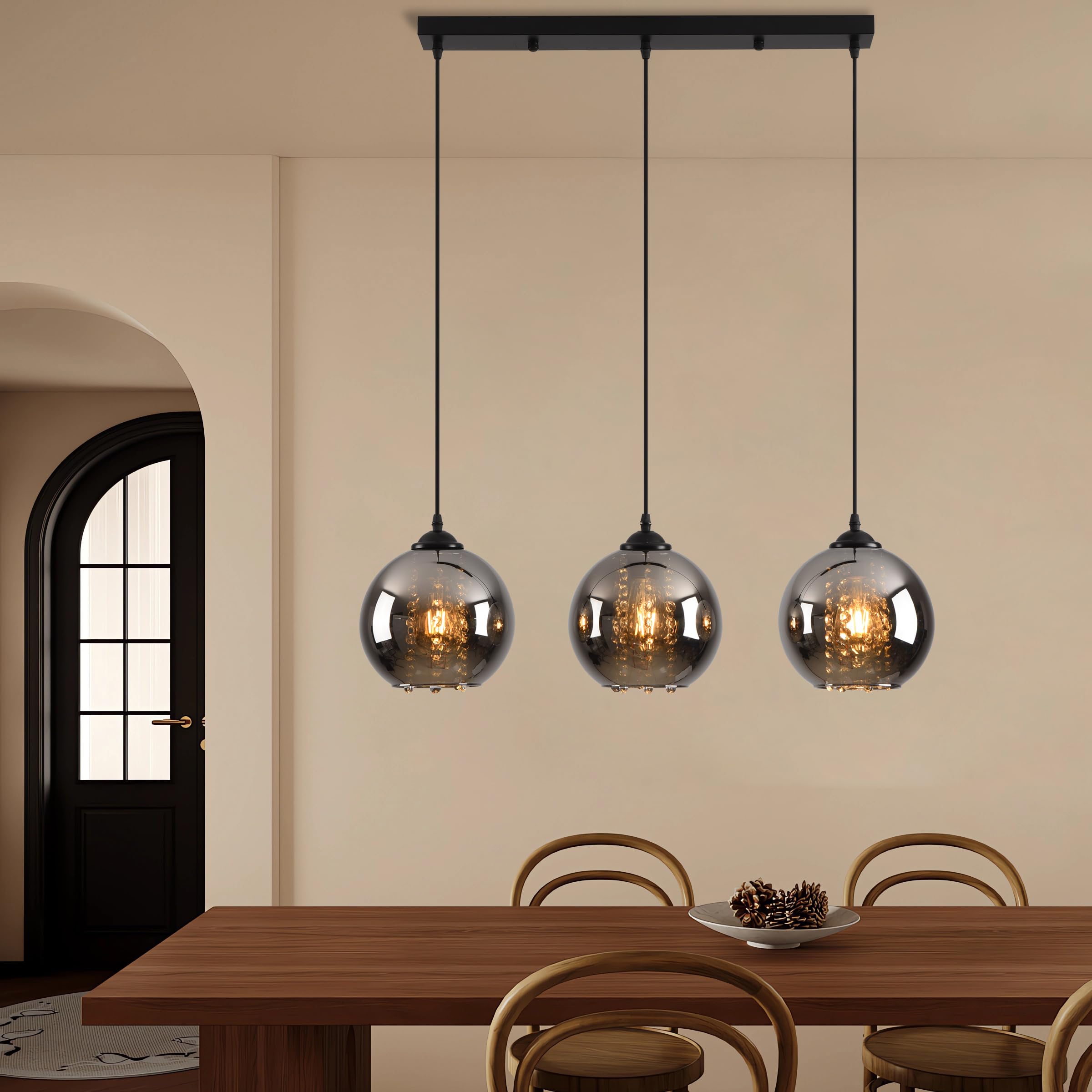 Pendelleuchte Esstisch 3 Flammig Rauchgrau Glas Hängelampe | Höhenverstellbar Esszimmer Lampe Hängend Vintage Esstischlampe Hängend Schwarz E27 für Küchen Esszimmer Wohnzimmer