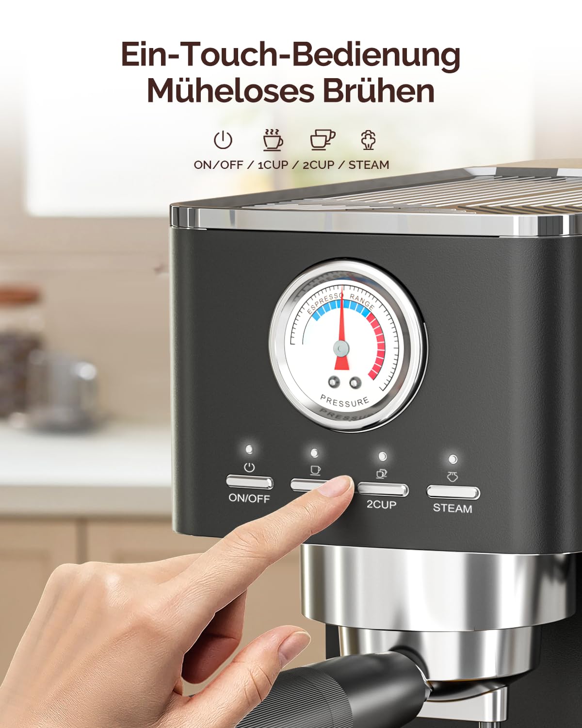 Maestri House Espressomaschine 20 Bar ULKA Pumpe, Kaffeemaschine mit Milchaufschäumer und Mengenanzeige, Edelstahl Kompaktmaschine für Cappuccino & Latte Macchiato, Schwarz