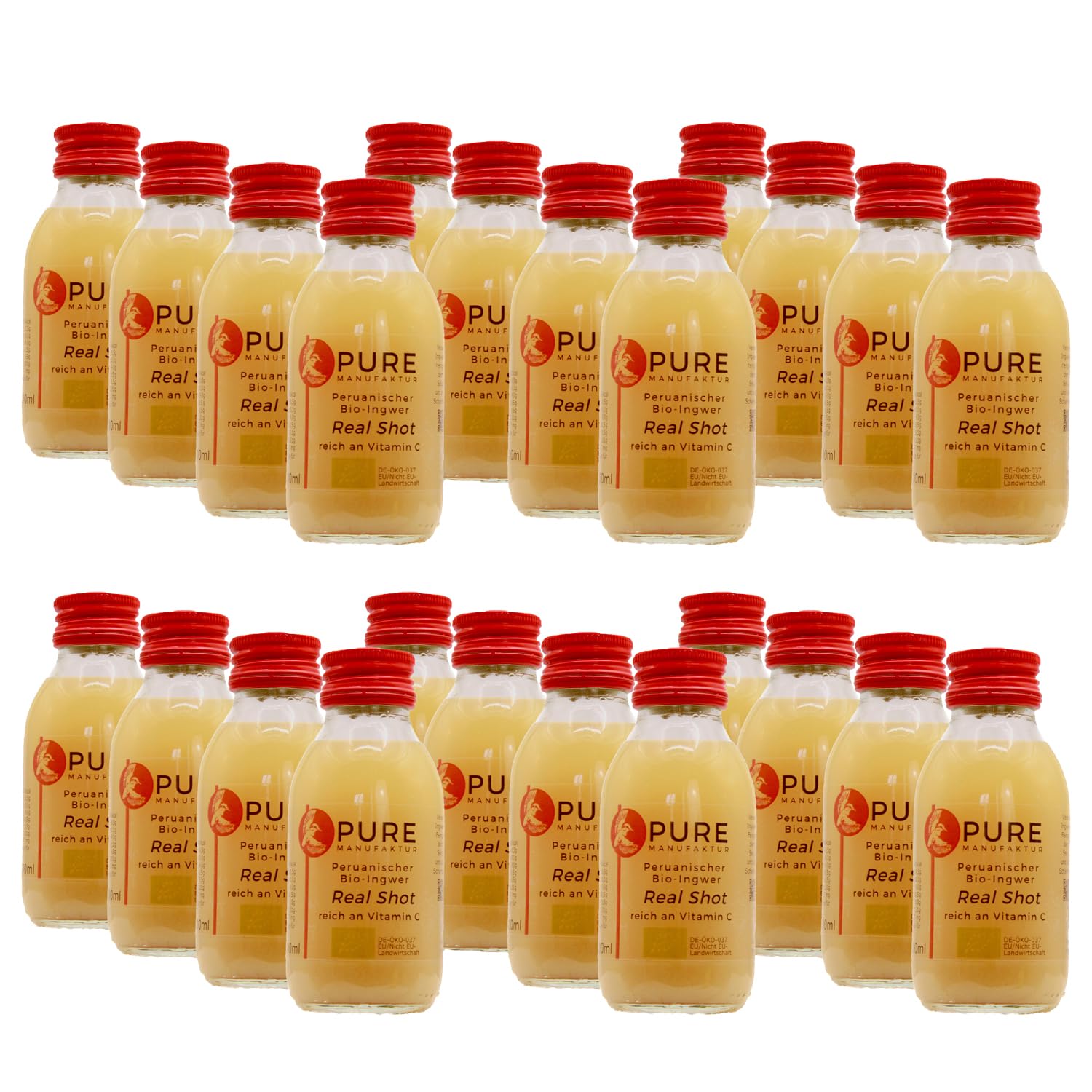 Pure Shot Confezione da 24 bottiglie da 100 ml di succo di mela e zenzero biologico vegano senza zucchero senza additivi 100% biologico (DE-ÖKO-005)