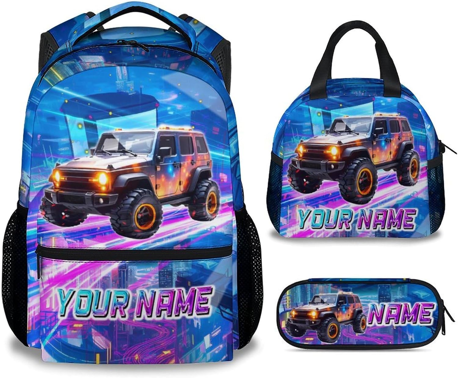 Boys Backpack, Personalized School Back Pack Set, Racing Car Backpack for Kids Ages 6-8, 17 Inch Toddler Schoolbag with Lunch Box and Pencil Case