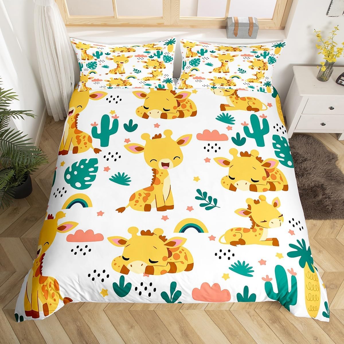 Housse de couette 160x200 girafe en microfibre douce pour lit enfant 1 personne