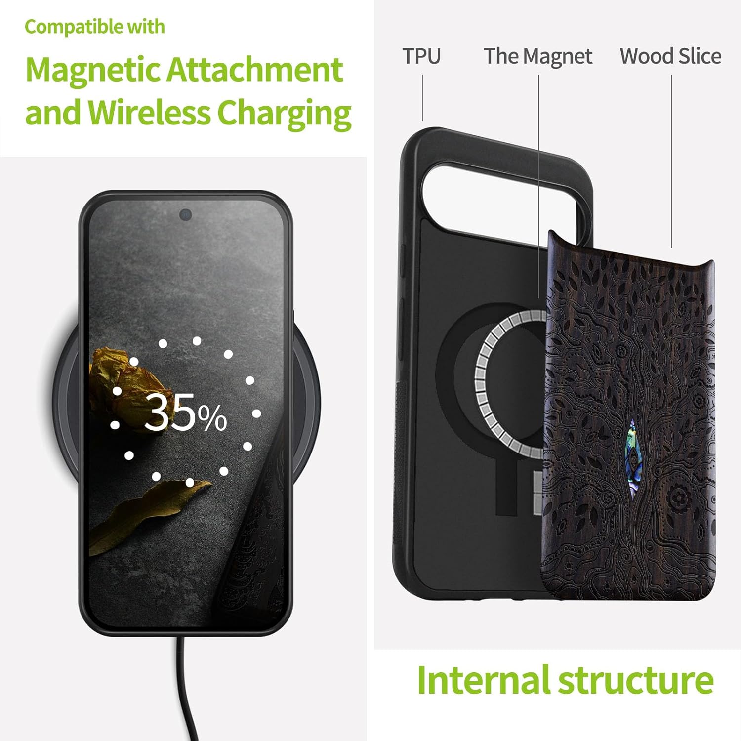 Carveit Magnetic Wooden Case for Google Pixel 9 Case, Wood Artisan Engraved & Handmade Shell Inlaid, Compatible with MagSafe Wireless Chargers, Tree of Life - Blackwood