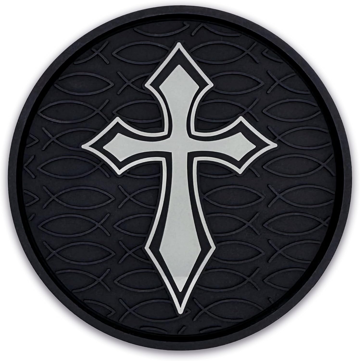 Christian Cross (Pointed Gothic) with Textured 3D Fish Automotive Religious Silicone Coasters (2.75" Diameter) | Universal Fit for All Cars, Trucks, SUVs & More | Non-Slip Durable | Set of 2 - Image 3