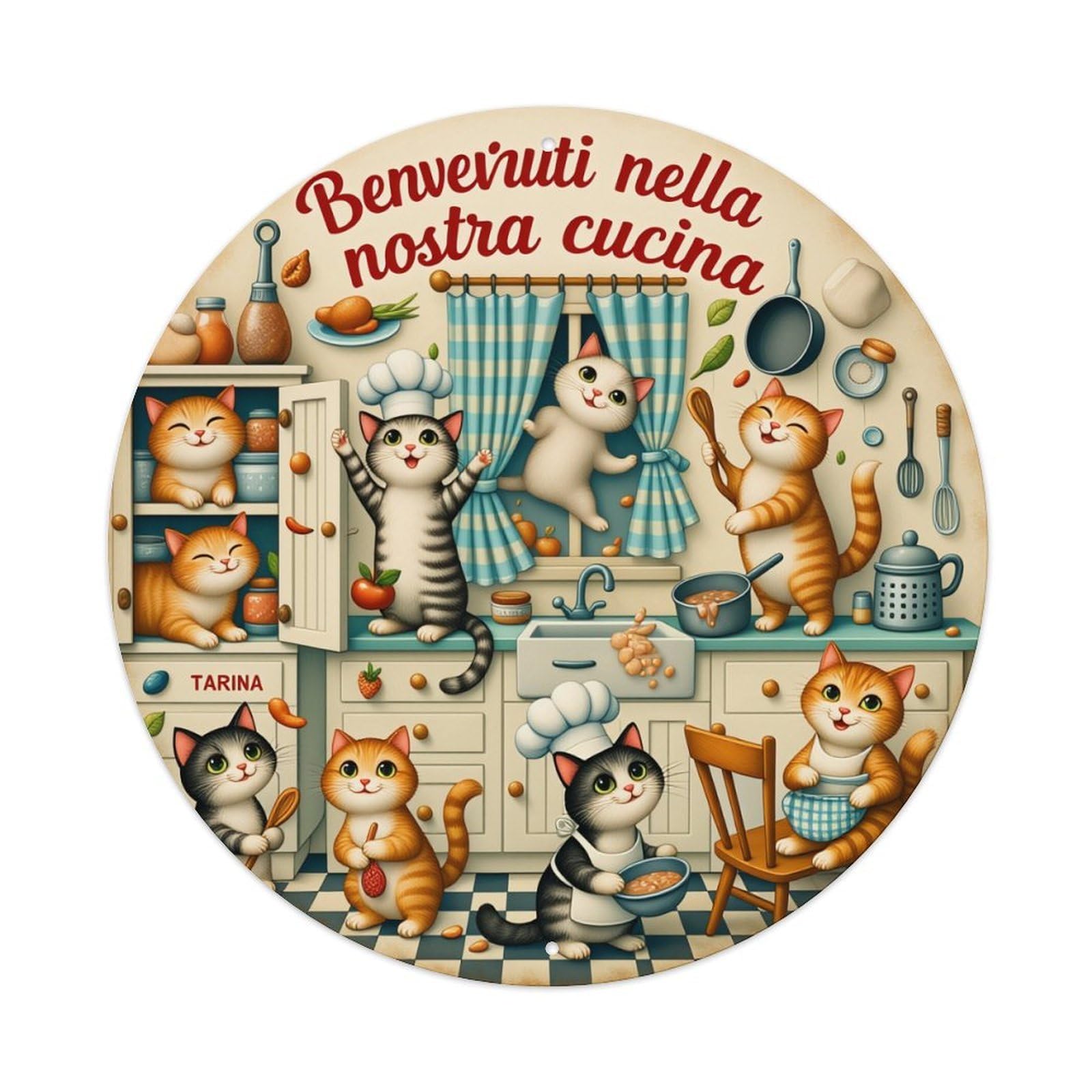 Cats Cooking Kitchen Scene Welcome Round Tin Sign Vintage Metal Poster, Home Bar Garage Man Cave Cafe Indoor & Outdoor Wall Decoration 8x8Inches
