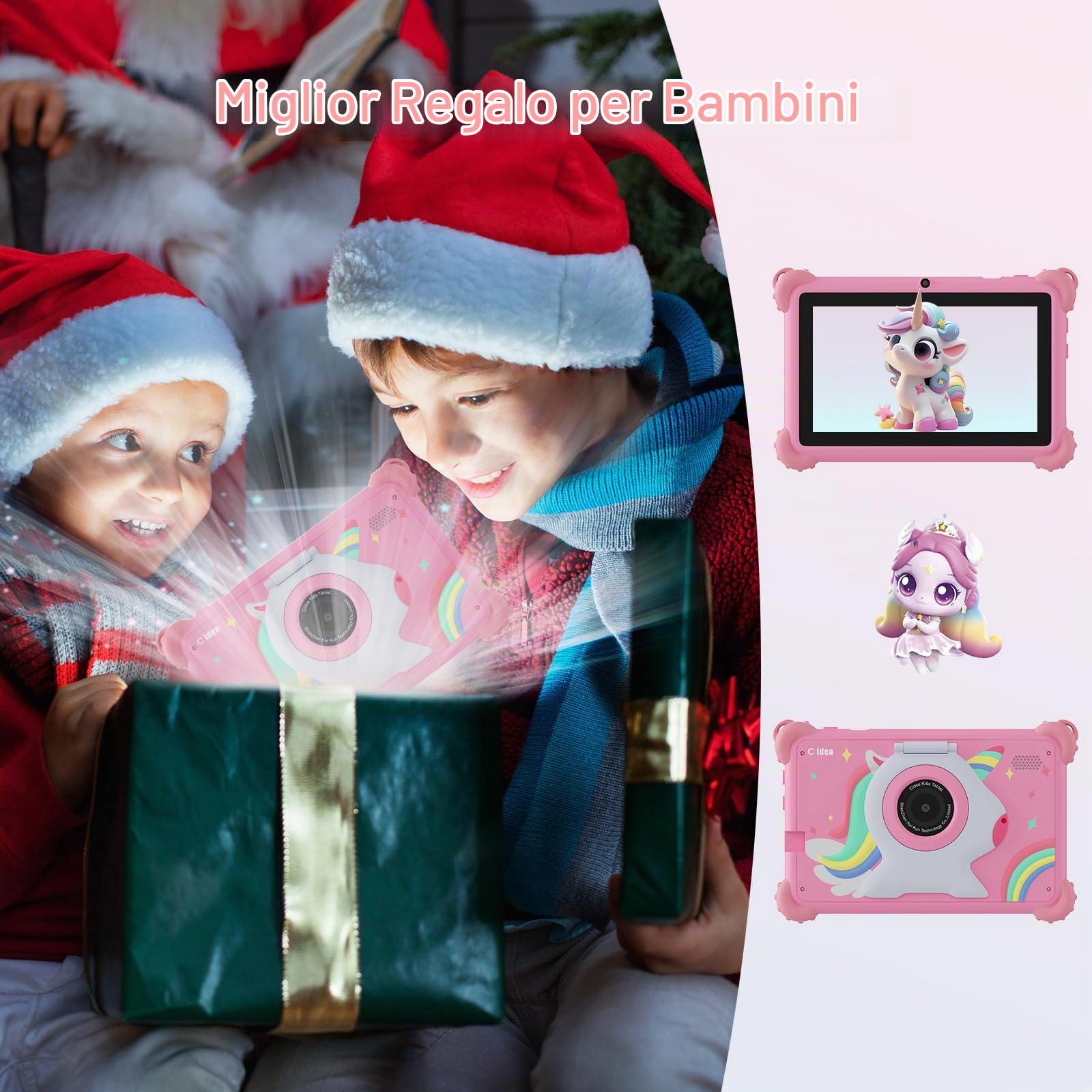 C idea Tablet per bambini Android 15, schermo 7 pollici 1024 x 600, 6 GB (3+3) di RAM + 32 GB di ROM, batteria 2500 mAh, applicazioni per bambini preinstallate, compatibile WiFi e Bluetooth (rosa)