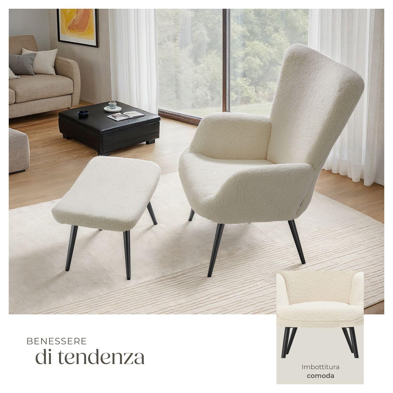 tectake® Poltrona Imbottita, Poltrona Ergonomica con Schienale e Braccioli, Poltrona Camera da Letto, Poltrona Salotto Moderna, Carico Massimo 150 kg - con Pouf, Bouclé, Crema/Nero