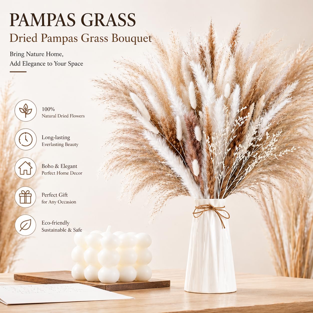 Bouquet Erba Della Pampas Fiori Secchi Decorativi Naturali 40-44 cm Boho per Soggiorno Camera da Letto Vasi