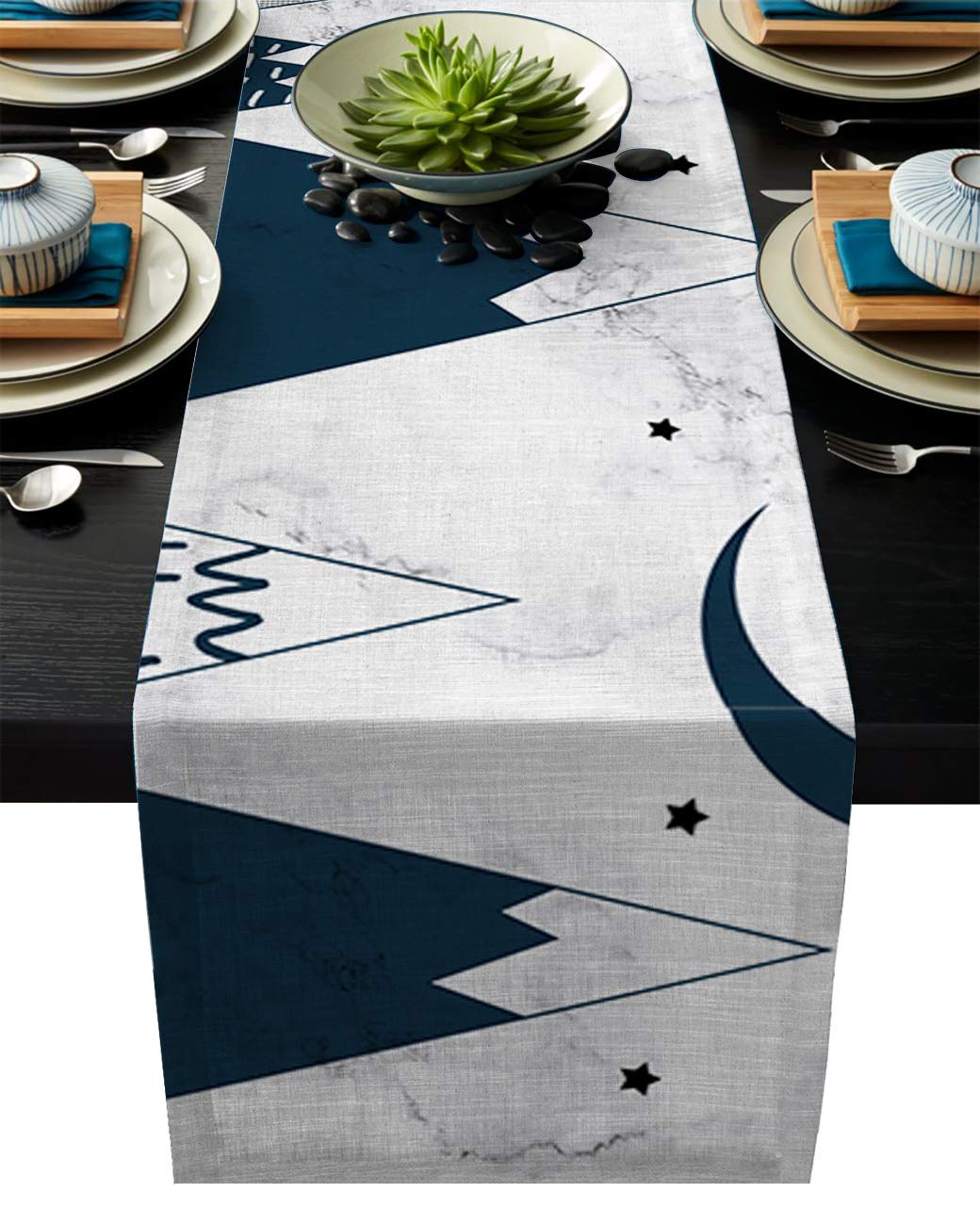 Rectangle Cotton Linens Table Runner Dresser Cartoon Star Moon Snow Mountain Marble Tablecloths Home，Banquet，Dining Table,Baby Shower，Holiday，Special Event,16x72 Inch Long Blue White