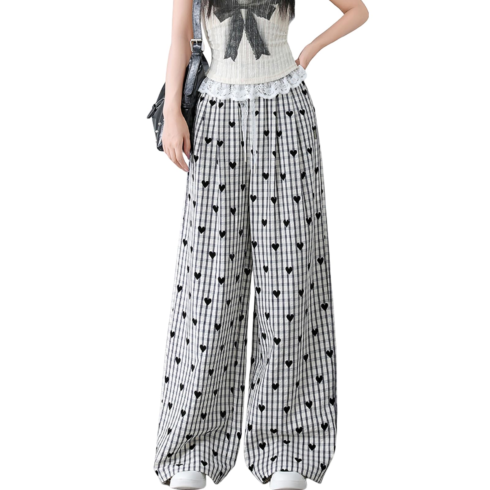 Women High Waist Plaid Wide Leg Pants Y2K Elastic Drawstring Cute Casual Baggy Parachute Streetwear with Pockets