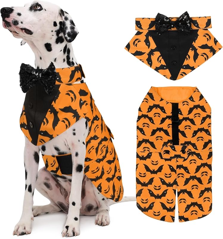 Fantasia para Cães Kuoser com Smoking, Bandana e Argola D, Laranja, Tamanho L