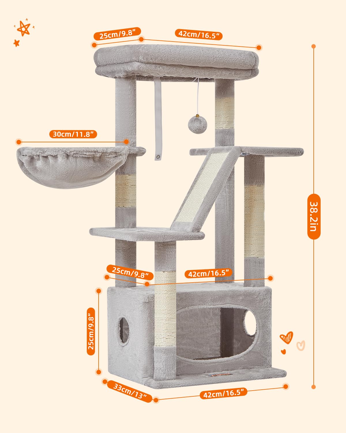 Taoqimiao Cat Tree,38.2-Inch Cat Tower for Indoor Cats,Suitable for Kittens with Luxurious cat condo with Adjustable Baskets and Luxurious Perch Light Gray MS029SW